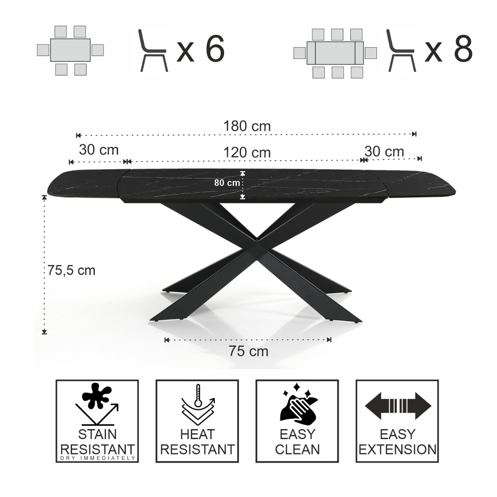 Tavolo allungabile ovale ELMO EVO 120 NERO MARMO NERO basamento acciaio piano ceramica finitura Marmo H75,5 P80 L120-150-180