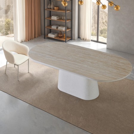 Tavolo ovale fisso TRANI Piano con pietra sinterizzata in travertino H76 P100 L220