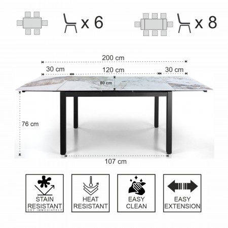 Tavolo allungabile FOX NERO MARMO ONICE basamento metallo Nero piano ceramica finitura Marmo Onice lucido H76 P80 L120-160-200
