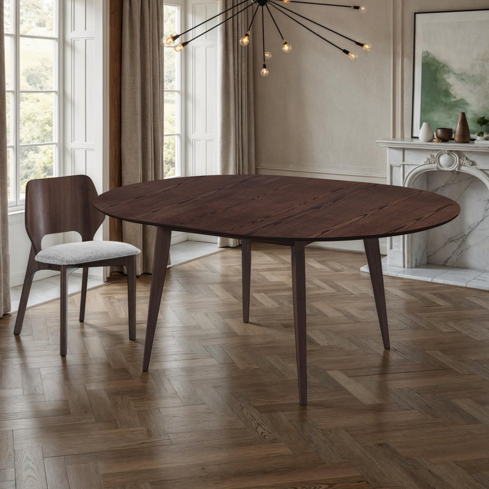 Tavolo rotondo allungabile ROGER NOCE gambe legno massello piano impiallacciato finitura Noce scuro cm H77 diametro 120