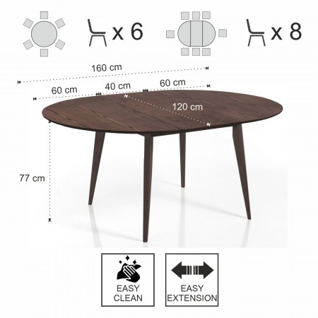 Tavolo rotondo allungabile ROGER NOCE gambe legno massello piano impiallacciato finitura Noce scuro cm H77 diametro 120