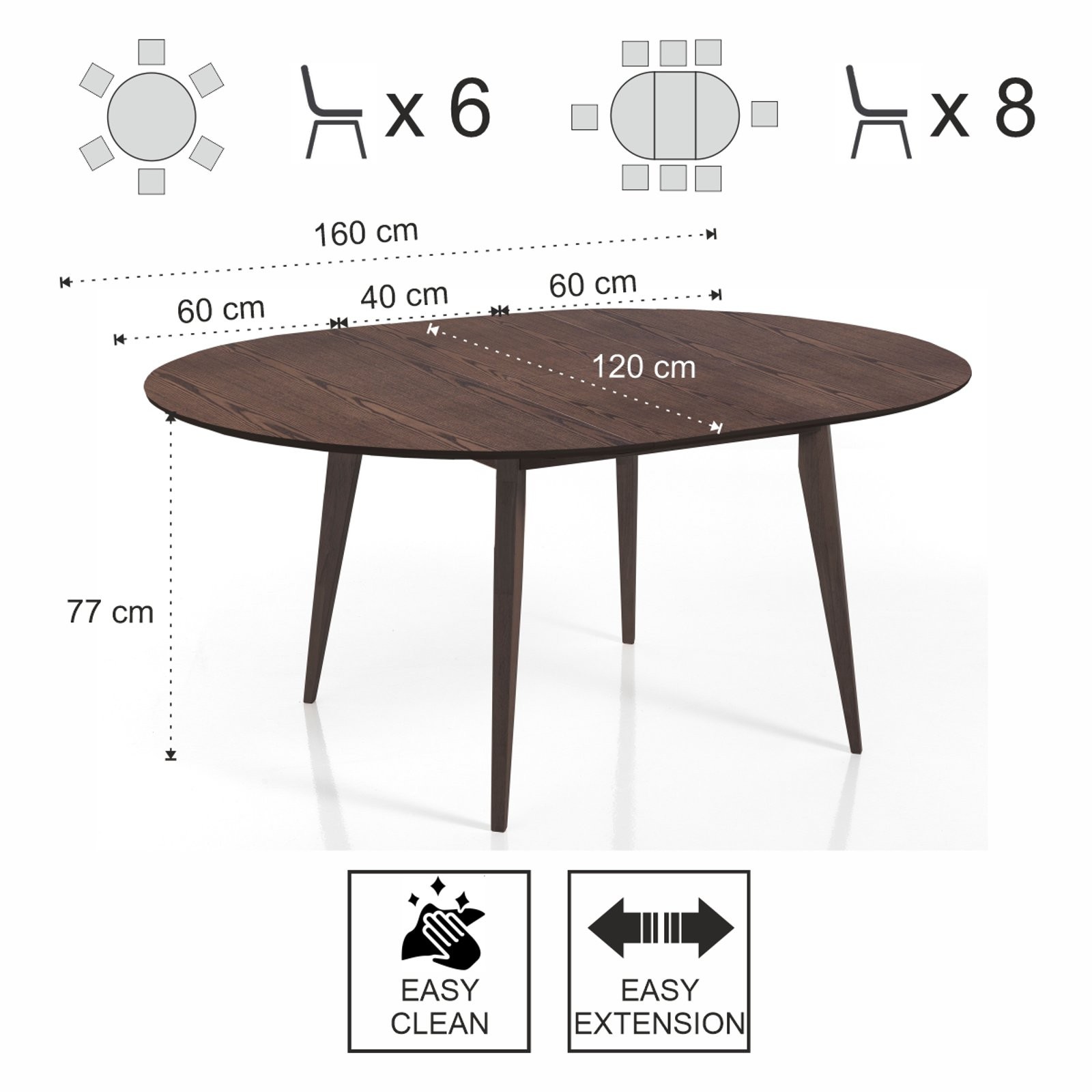 Tavolo rotondo allungabile ROGER NOCE gambe legno massello piano impiallacciato finitura Noce scuro cm H77 diametro 120