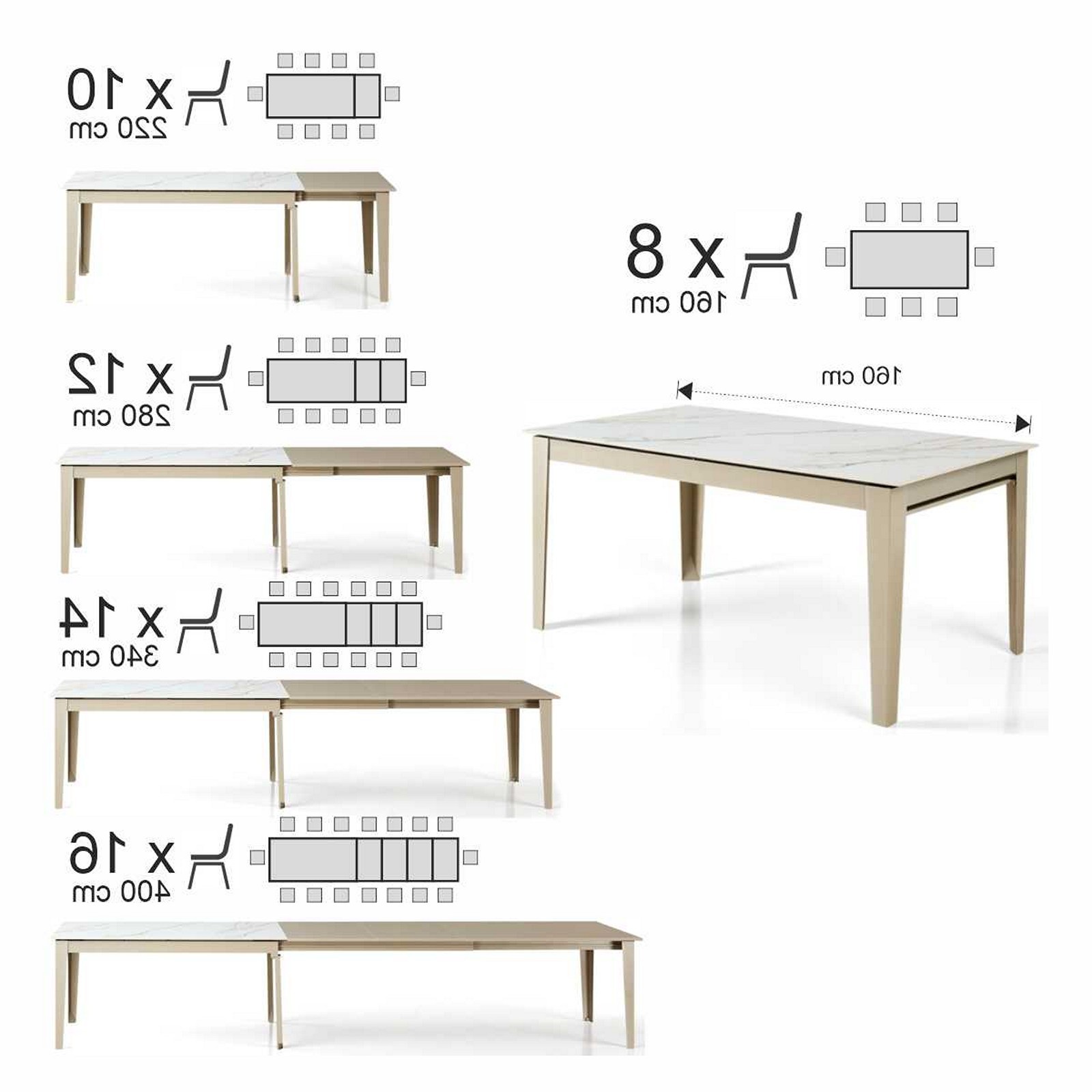 Tavolo allungabile JOEL MARMO BIANCO PLATINO basamento metallo Platino piano ceramica Marmo Onice H76 P90  L160-220-280-340-400