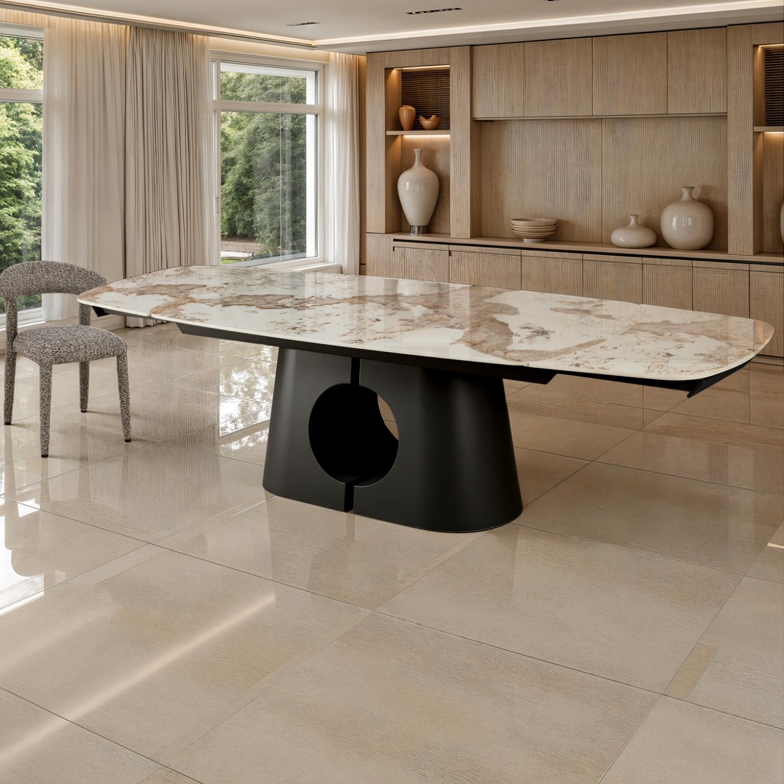 Tavolo allungabile JOJY MARMO ONICE basamento metallo Grigio piano ceramica finitura marmo Onice cm H75 P100 L.200-250-300