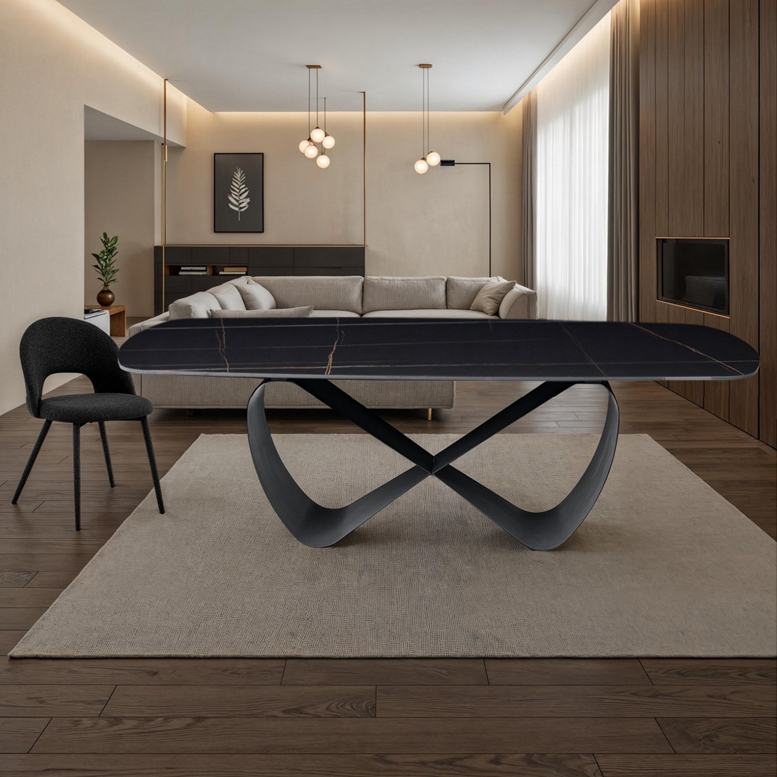 Tavolo fisso HANGGAN MARMO NERO basamento metallo Grigio opaco piano ceramica finitura marmo Nero opaco  cm H75 P110 L240