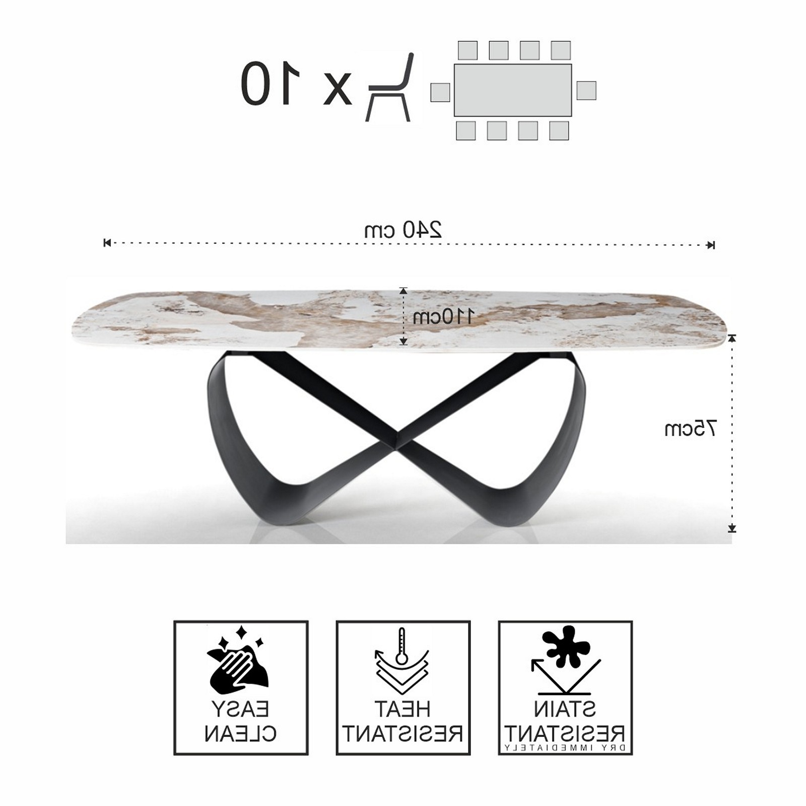 Tavolo fisso HANGGAN MARMO ONICE basamento metallo Grigio opaco piano ceramica finitura marmo Onice lucido cm H75 P110 L240
