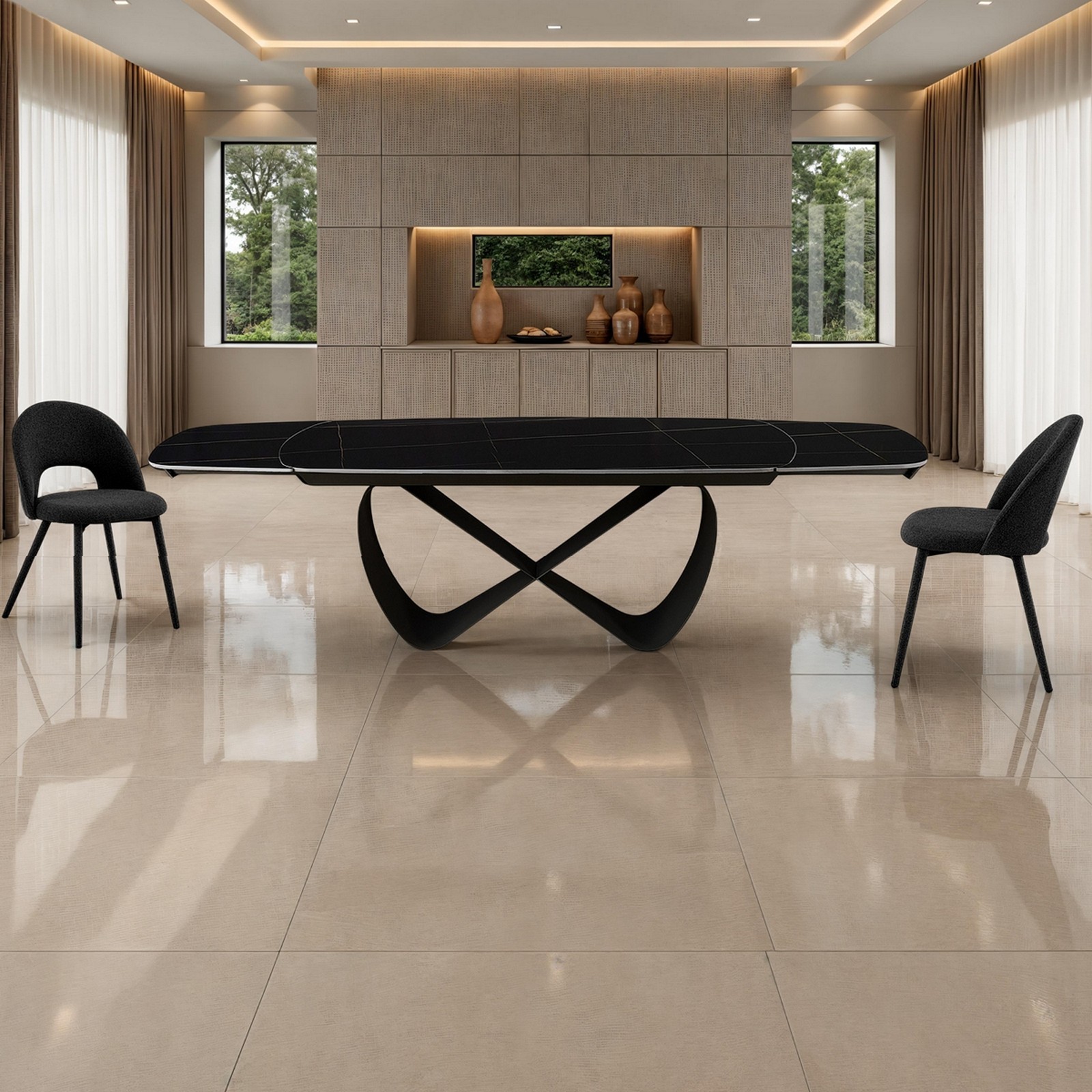 Tavolo allungabile HANGGAN MARMO NERO basamento metallo Grigio piano ceramica finitura marmo Nero opaco H75 P100 L200-250-300