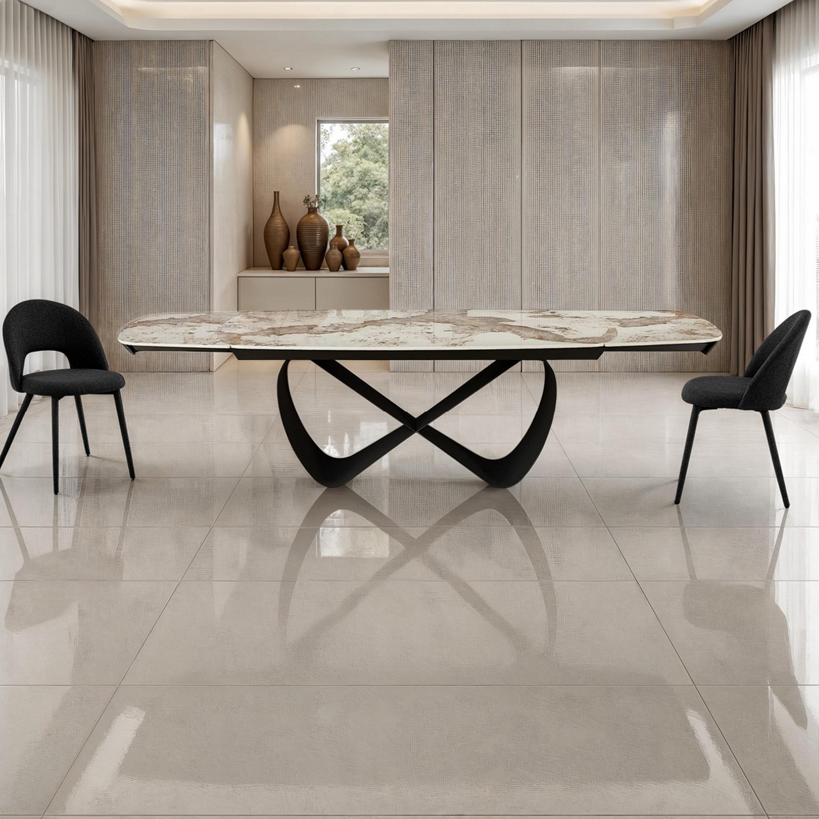 Tavolo allungabile HANGGAN MARMO ONICE basamento metallo Grigio piano  in ceramica finitura marmo Onice H75 P100 L200-250-300