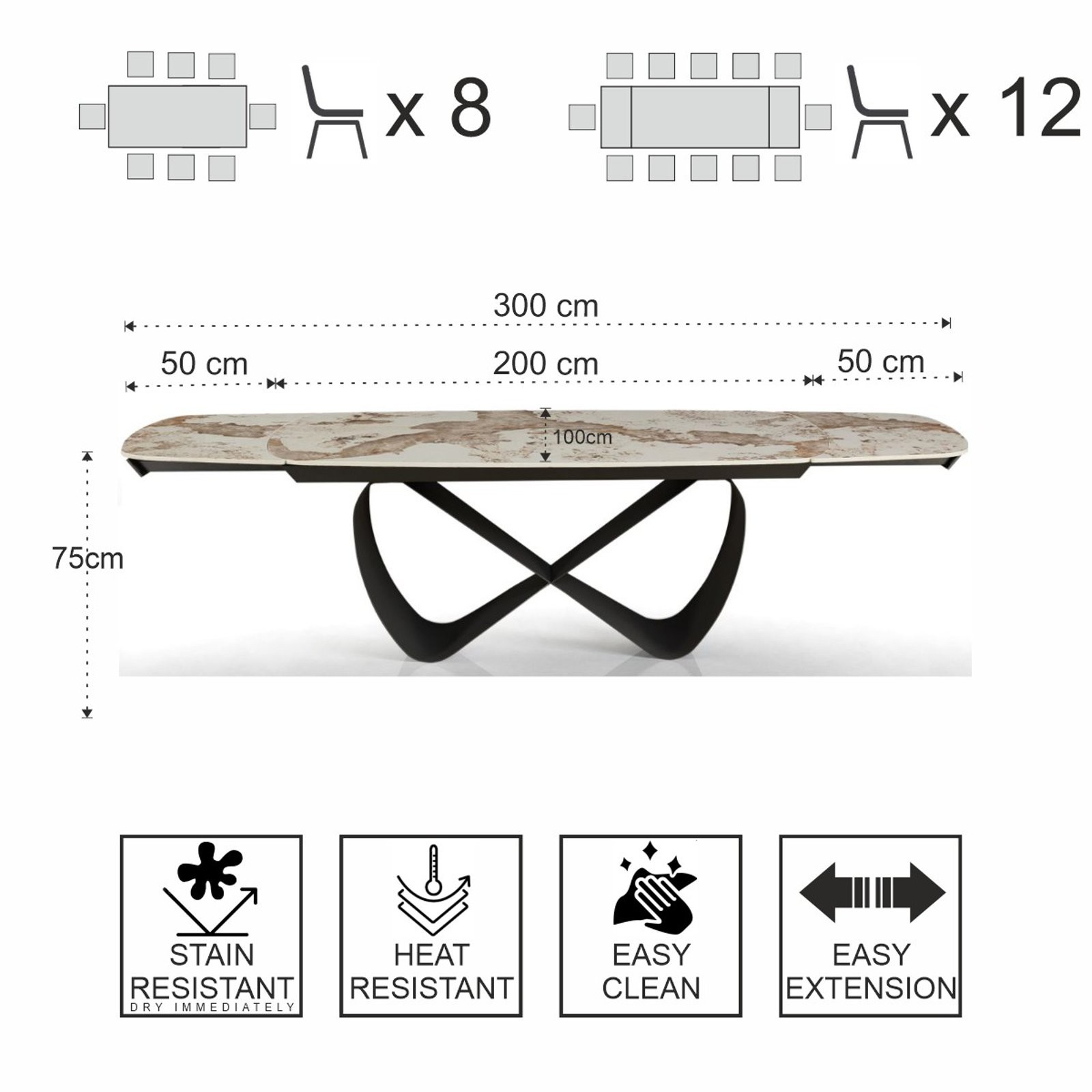 Tavolo allungabile HANGGAN MARMO ONICE basamento metallo Grigio piano  in ceramica finitura marmo Onice H75 P100 L200-250-300