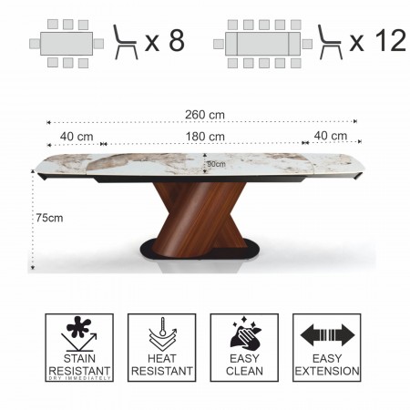 Tavolo allungabile PIN MARMO ONICE - NOCE basamento metallo finitura Noce piano ceramica finitura Marmo Onice H75P90L180-220-260
