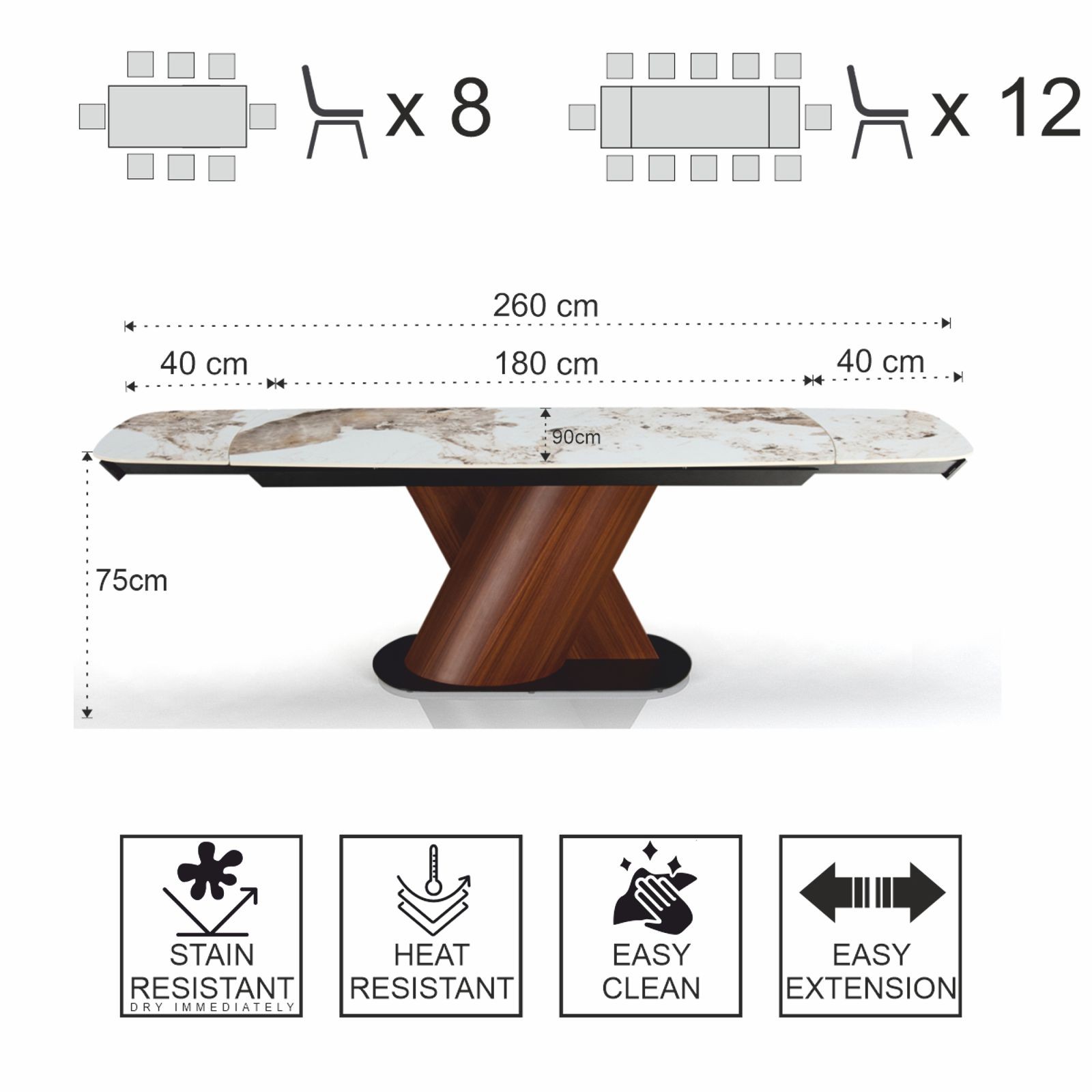 Tavolo allungabile PIN MARMO ONICE - NOCE basamento metallo finitura Noce piano ceramica finitura Marmo Onice H75P90L180-220-260