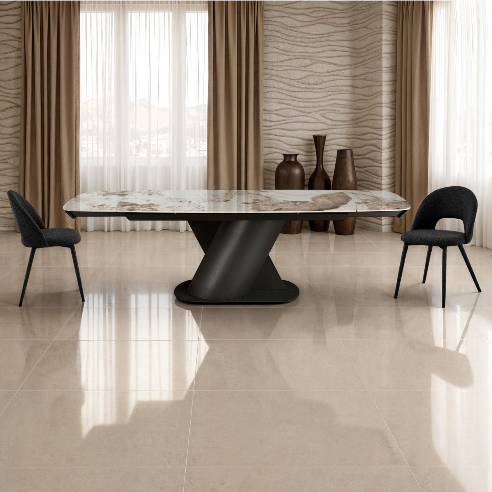 Tavolo allungabile PIN MARMO ONICE - GRIGIO basamento metallo Grigio piano ceramica finitura Marmo Onice H75 P90 L180-220-260