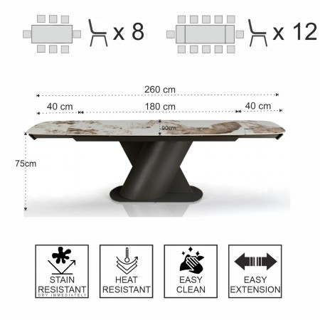 Tavolo allungabile PIN MARMO ONICE - GRIGIO basamento metallo Grigio piano ceramica finitura Marmo Onice H75 P90 L180-220-260