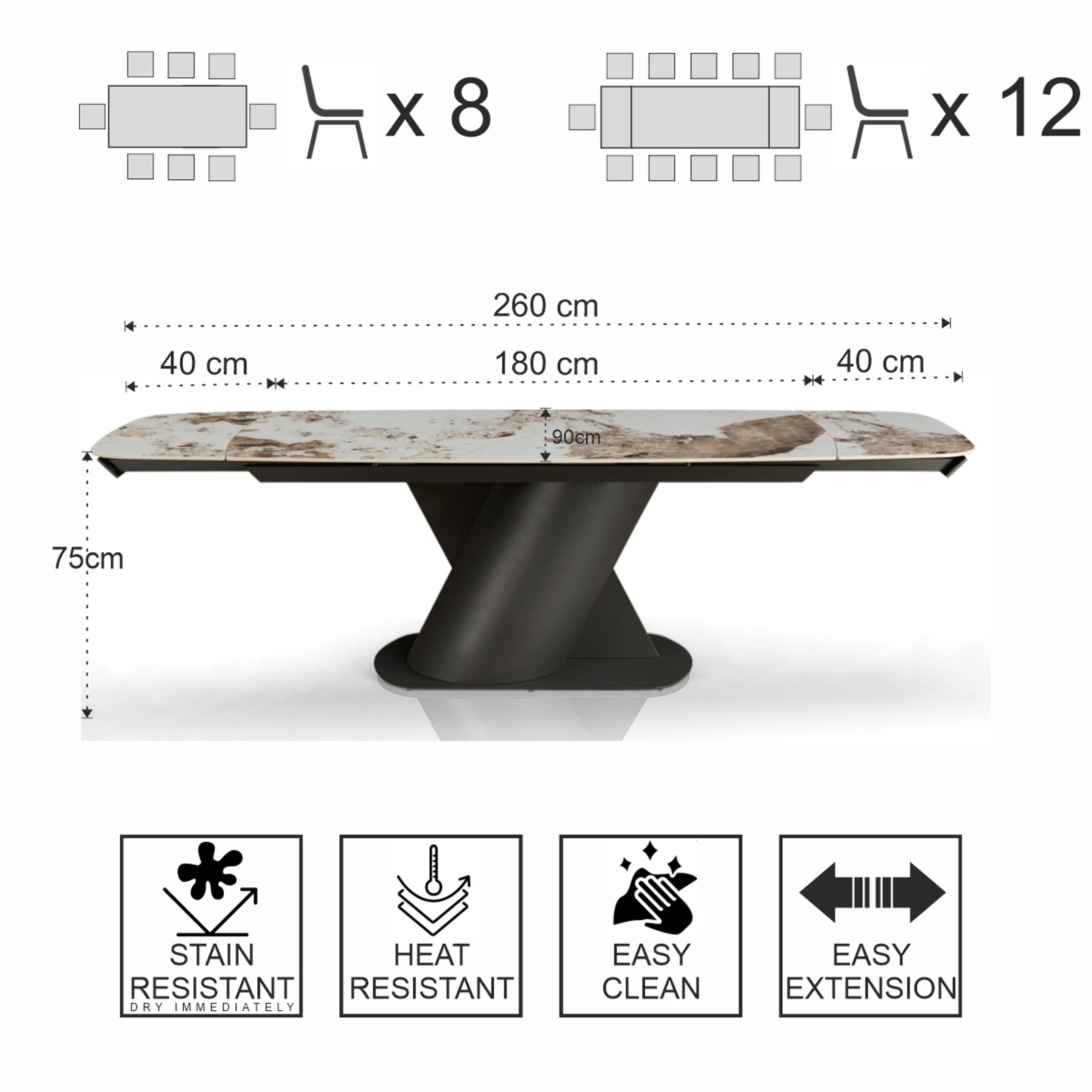 Tavolo allungabile PIN MARMO ONICE - GRIGIO basamento metallo Grigio piano ceramica finitura Marmo Onice H75 P90 L180-220-260