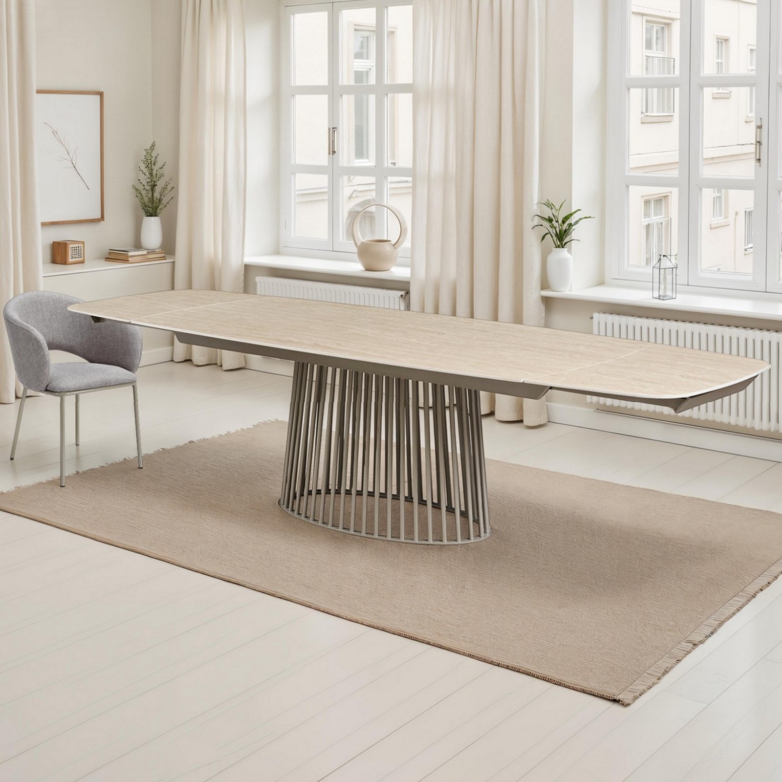Tavolo allungabile BALDON TRAVERTINO  basamento metallo Platino piano ceramica finitura marmo cm H75,5 P100 L200/250/300