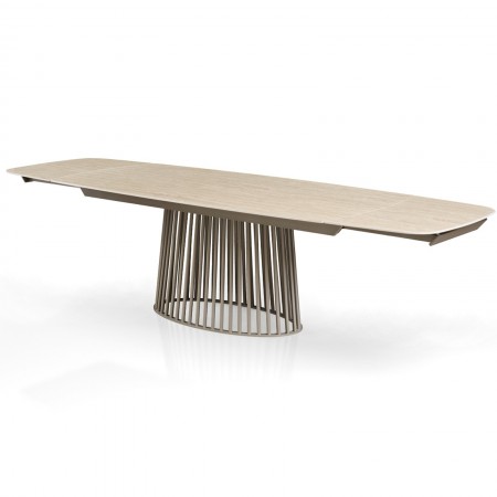 Tavolo allungabile BALDON TRAVERTINO  basamento metallo Platino piano ceramica finitura marmo cm H75,5 P100 L200/250/300