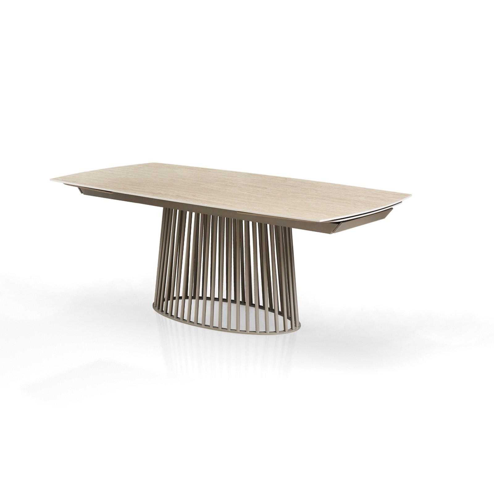 Tavolo allungabile BALDON TRAVERTINO  basamento metallo Platino piano ceramica finitura marmo cm H75,5 P100 L200/250/300