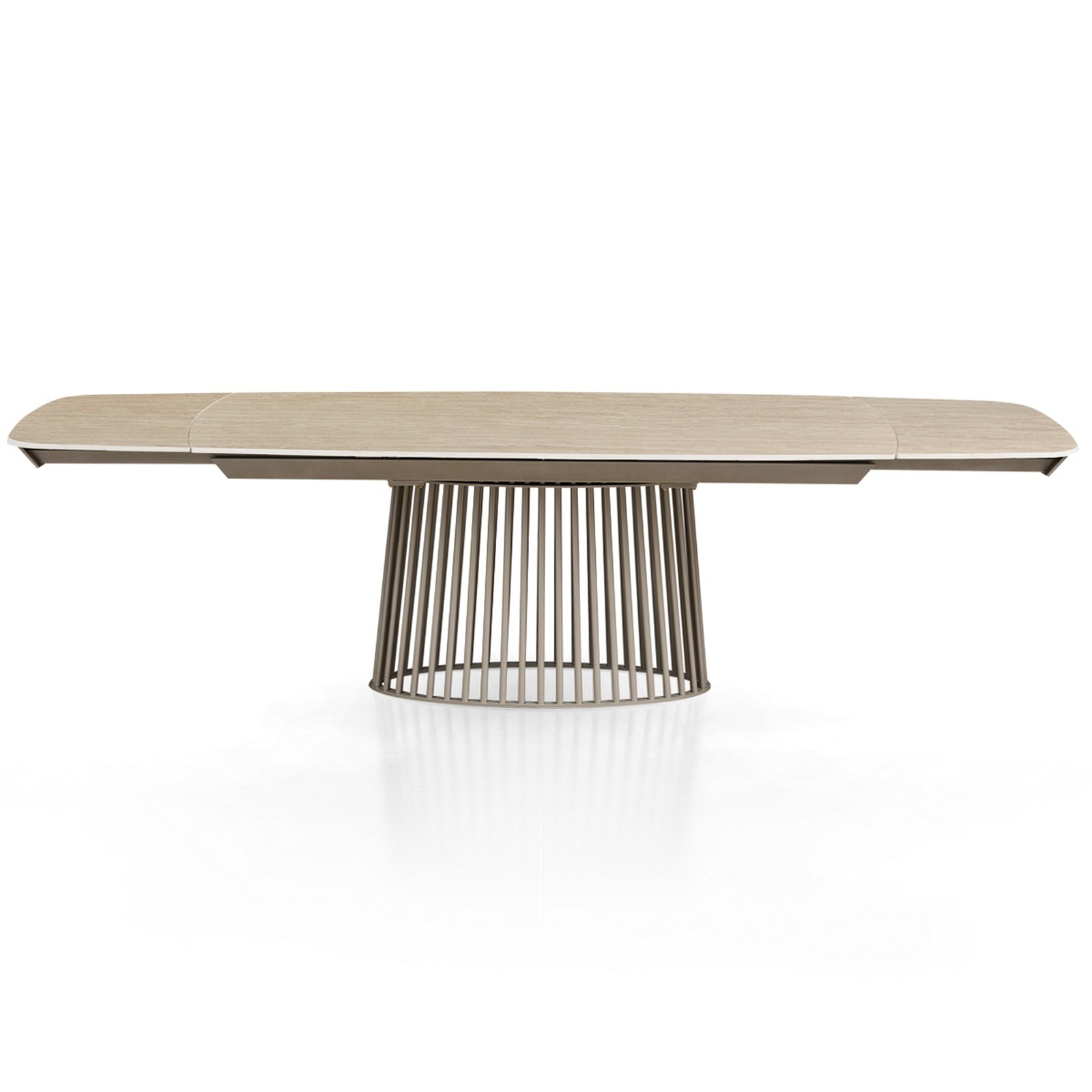 Tavolo allungabile BALDON TRAVERTINO  basamento metallo Platino piano ceramica finitura marmo cm H75,5 P100 L200/250/300