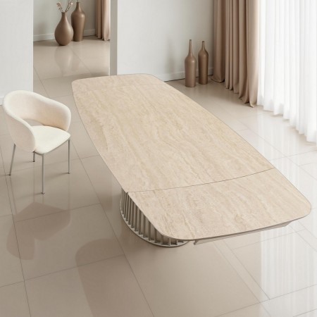 Tavolo allungabile BALDON TRAVERTINO  basamento metallo Platino piano ceramica finitura marmo cm H75,5 P100 L200/250/300