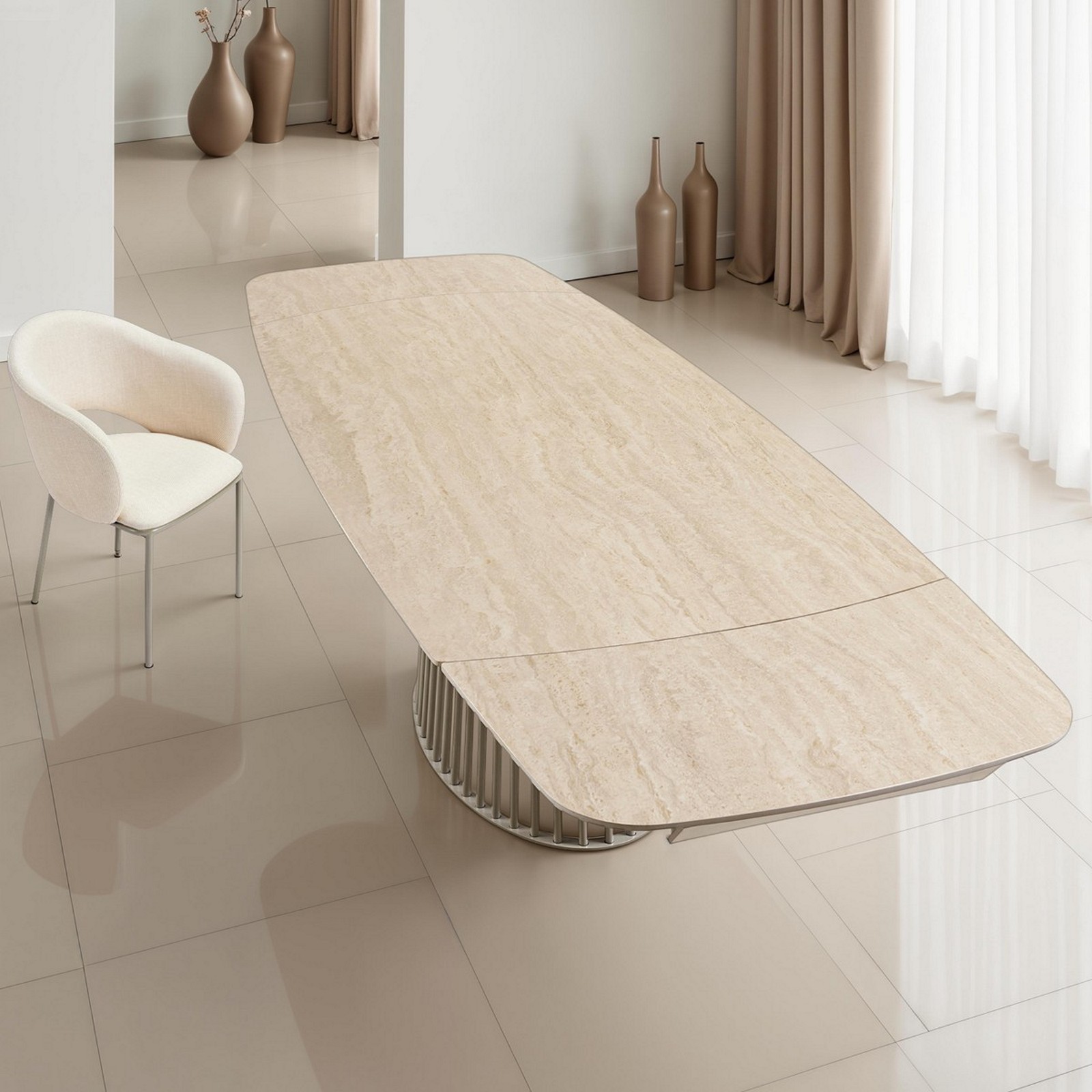 Tavolo allungabile BALDON TRAVERTINO  basamento metallo Platino piano ceramica finitura marmo cm H75,5 P100 L200/250/300