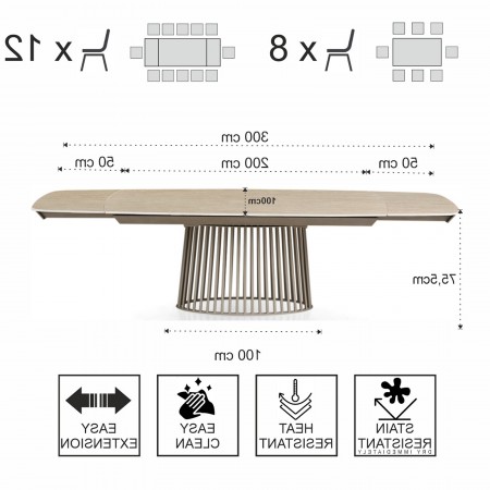Tavolo allungabile BALDON TRAVERTINO  basamento metallo Platino piano ceramica finitura marmo cm H75,5 P100 L200/250/300