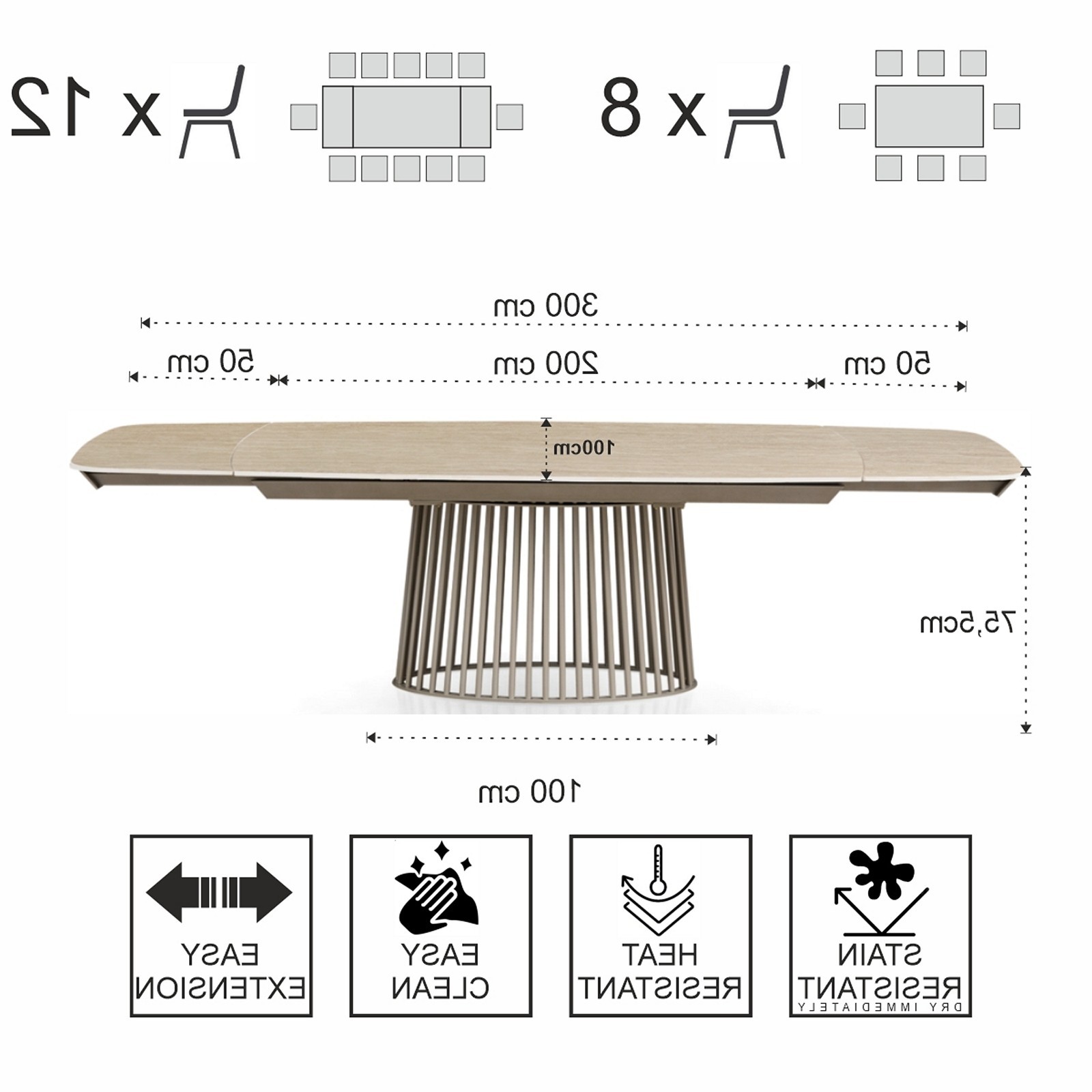 Tavolo allungabile BALDON TRAVERTINO  basamento metallo Platino piano ceramica finitura marmo cm H75,5 P100 L200/250/300