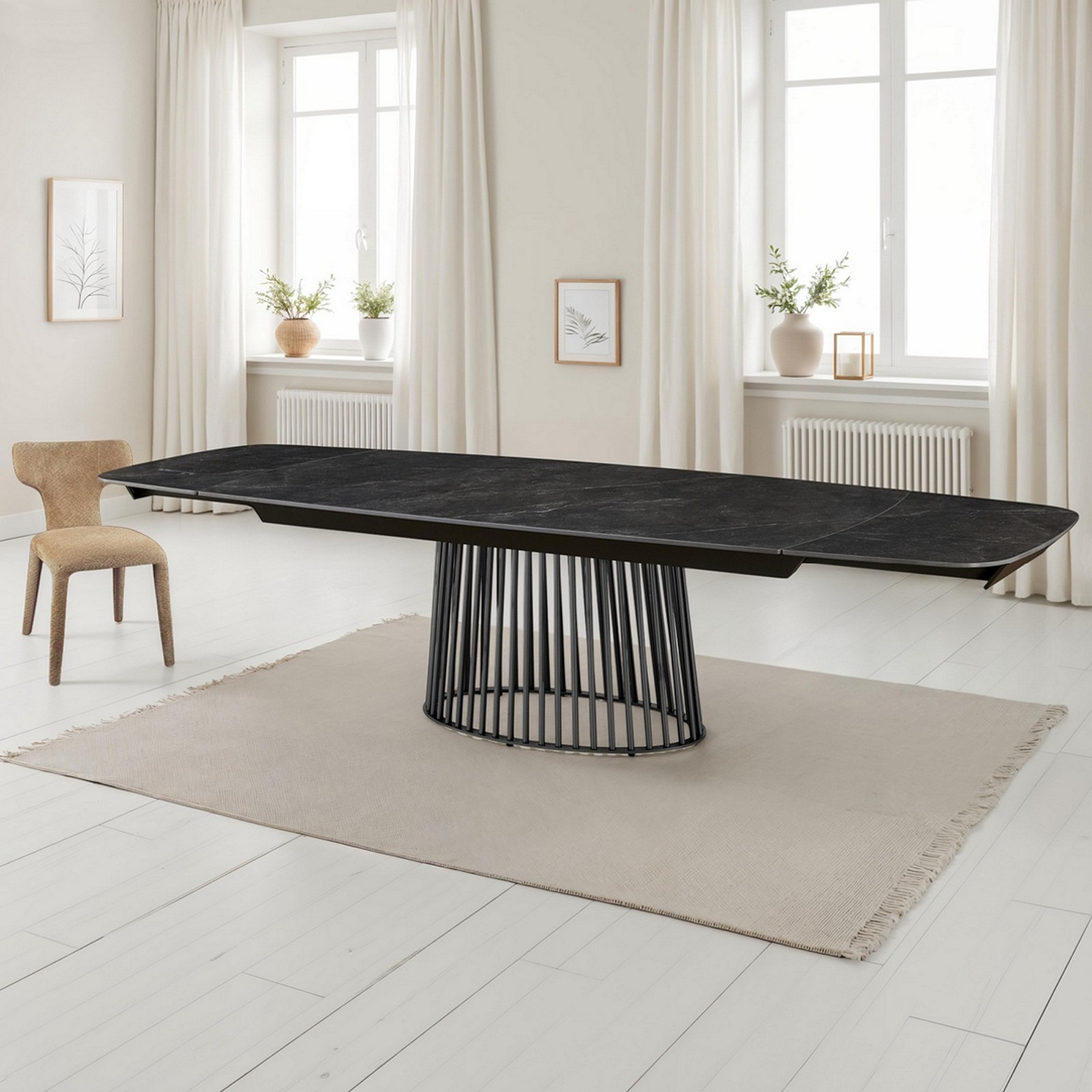 Tavolo allungabile BALDON MARMO NERO  basamento metallo Grigio piano ceramica finitura marmo Nero cm H75,5 P100 L200/250/300