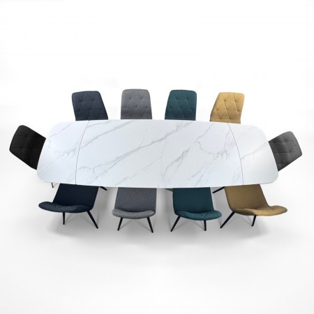 Tavolo allungabile ROMEO 200 MARMO BIANCO - GRIGIO basamento metallo piano ceramica finitura marmo cmH76 P100 L.200/250/300
