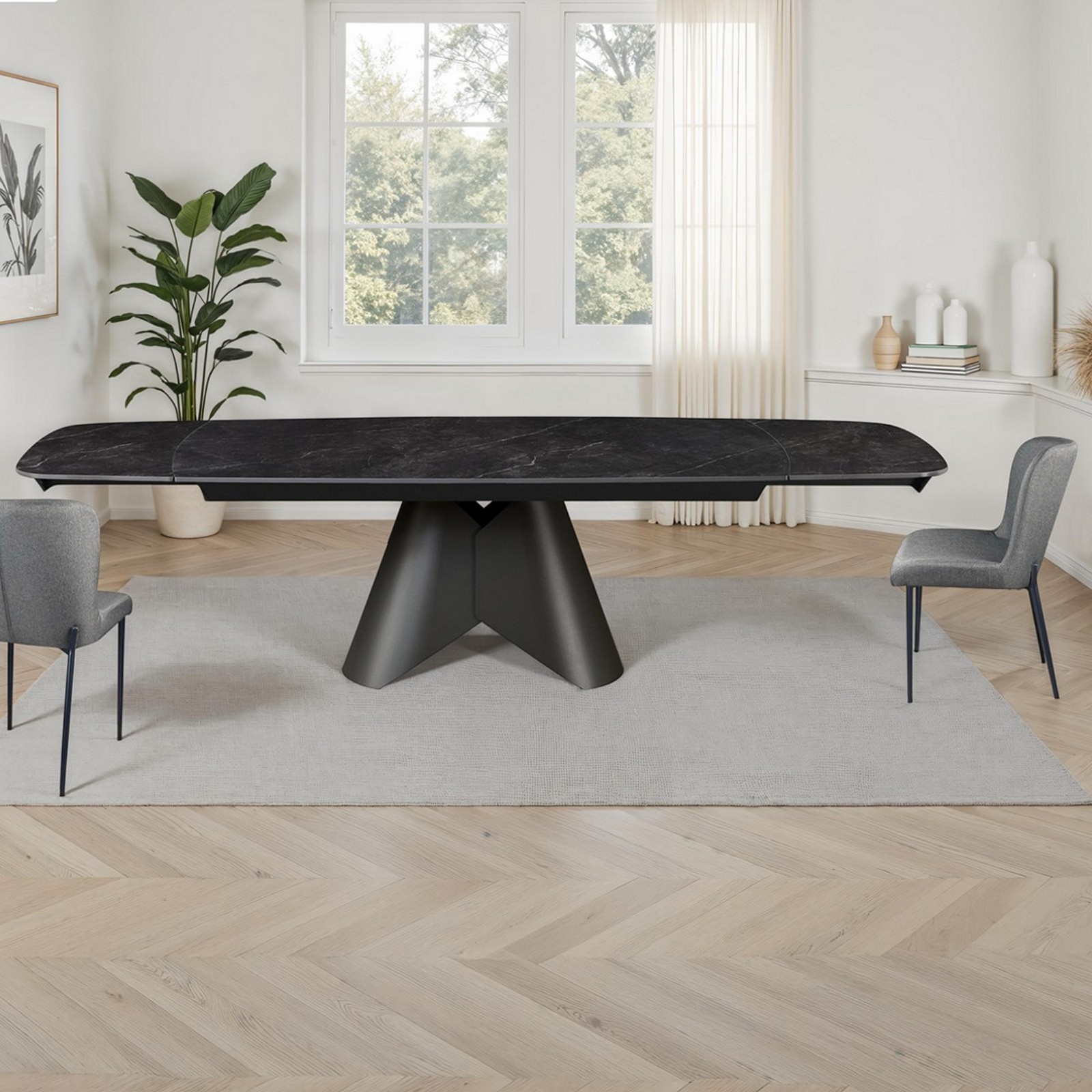 Tavolo allungabile ROMEO 200 MARMO NERO basamento metallo Grigio piano ceramica finitura marmo Nero cmH76 P100 L.200/250/300