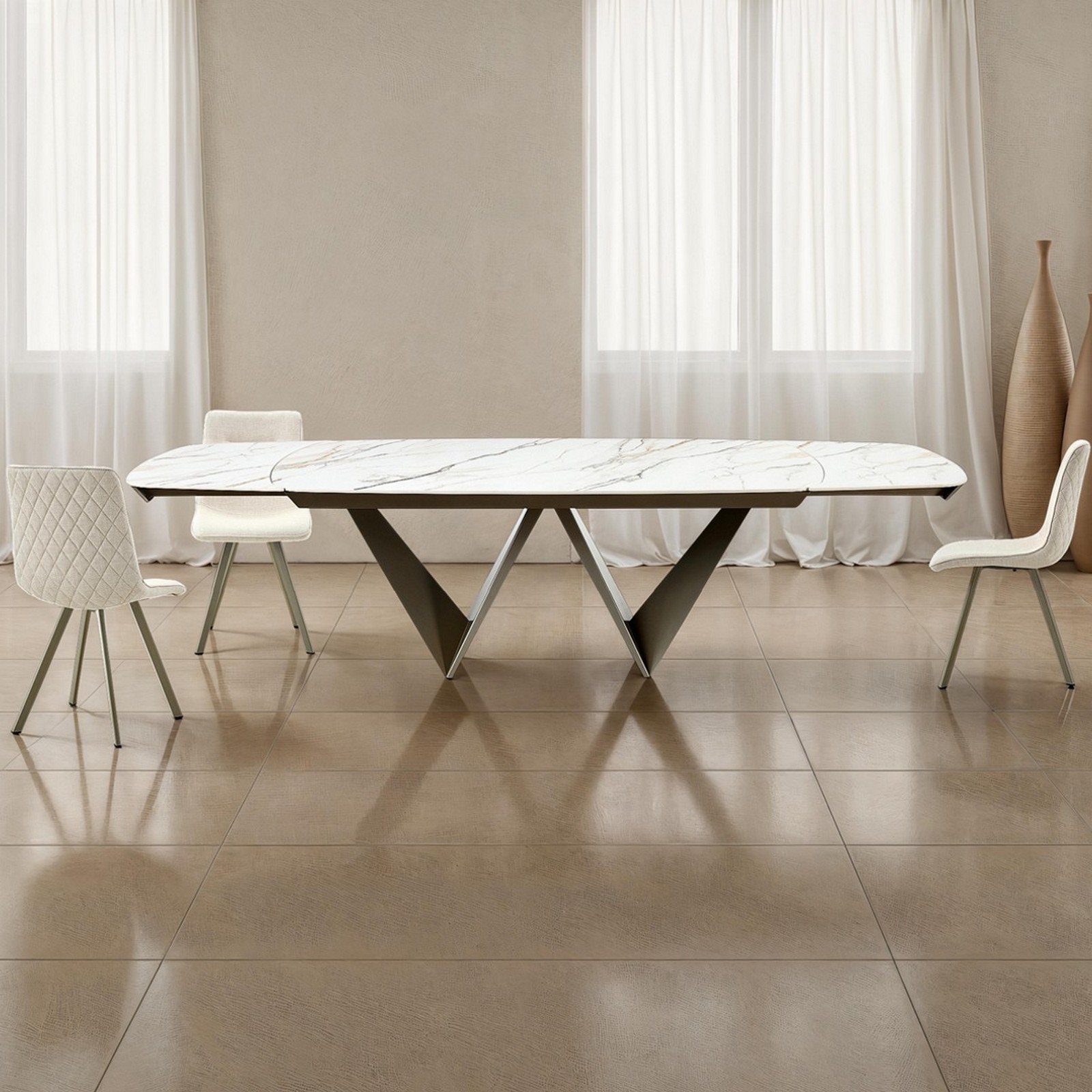 Tavolo allungabile LOU MARMO ONICE - PLATINO basamento metallo Platino piano ceramica finitura marmo cmH76,5 P100 L200/250/300