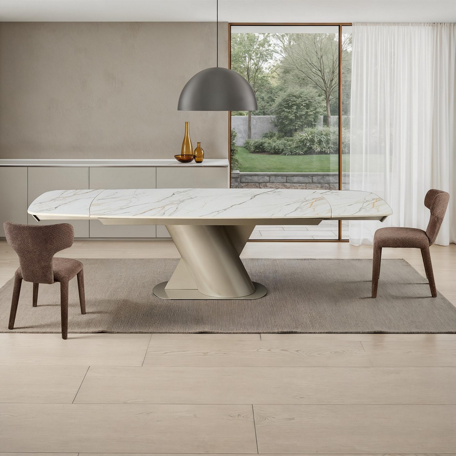 Tavolo allungabile  PIN 200 MARMO ONICE - PLATINO basamento metallo Platino piano ceramica finitura Marmo H75 P100 L200/250/300