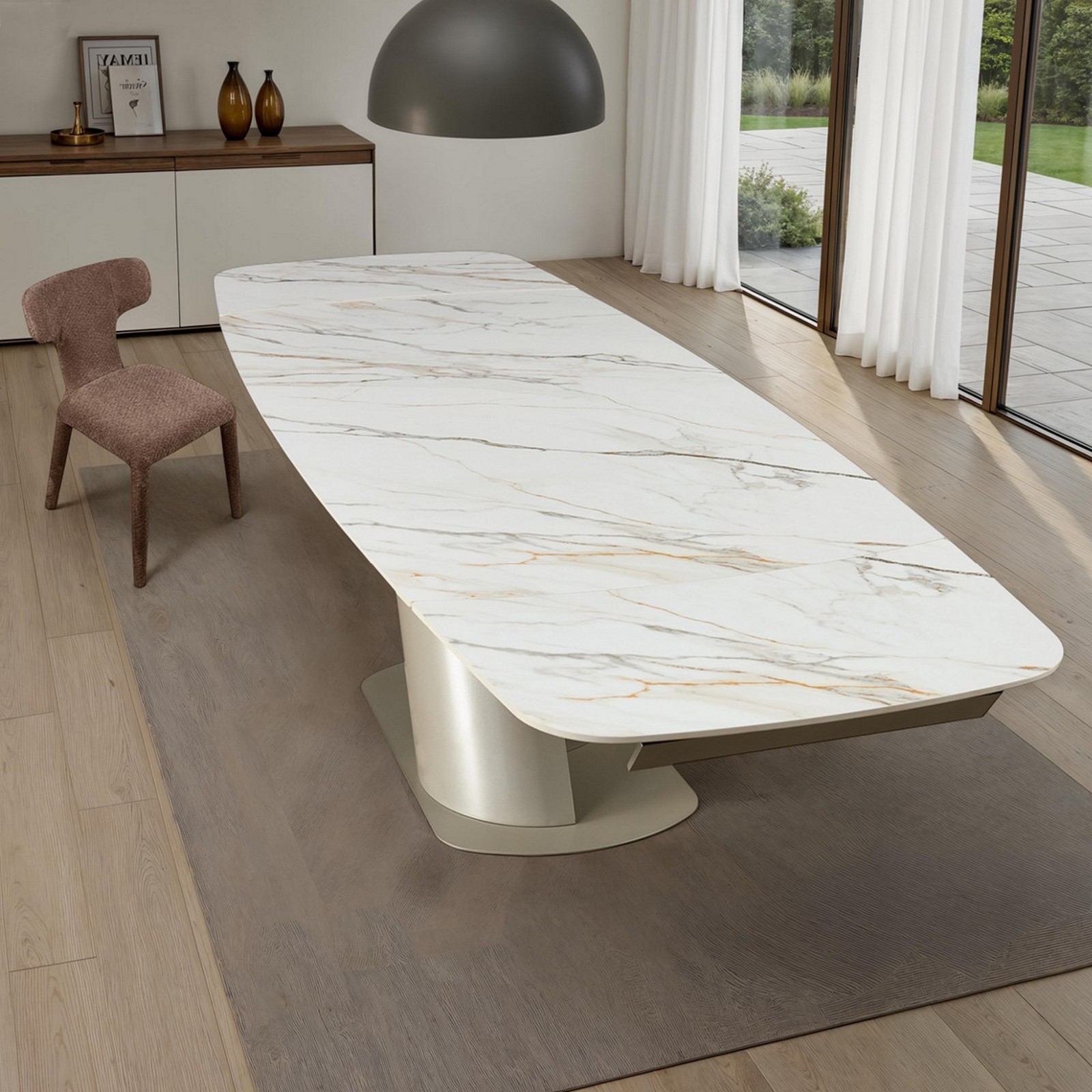 Tavolo allungabile  PIN 200 MARMO ONICE - PLATINO basamento metallo Platino piano ceramica finitura Marmo H75 P100 L200/250/300