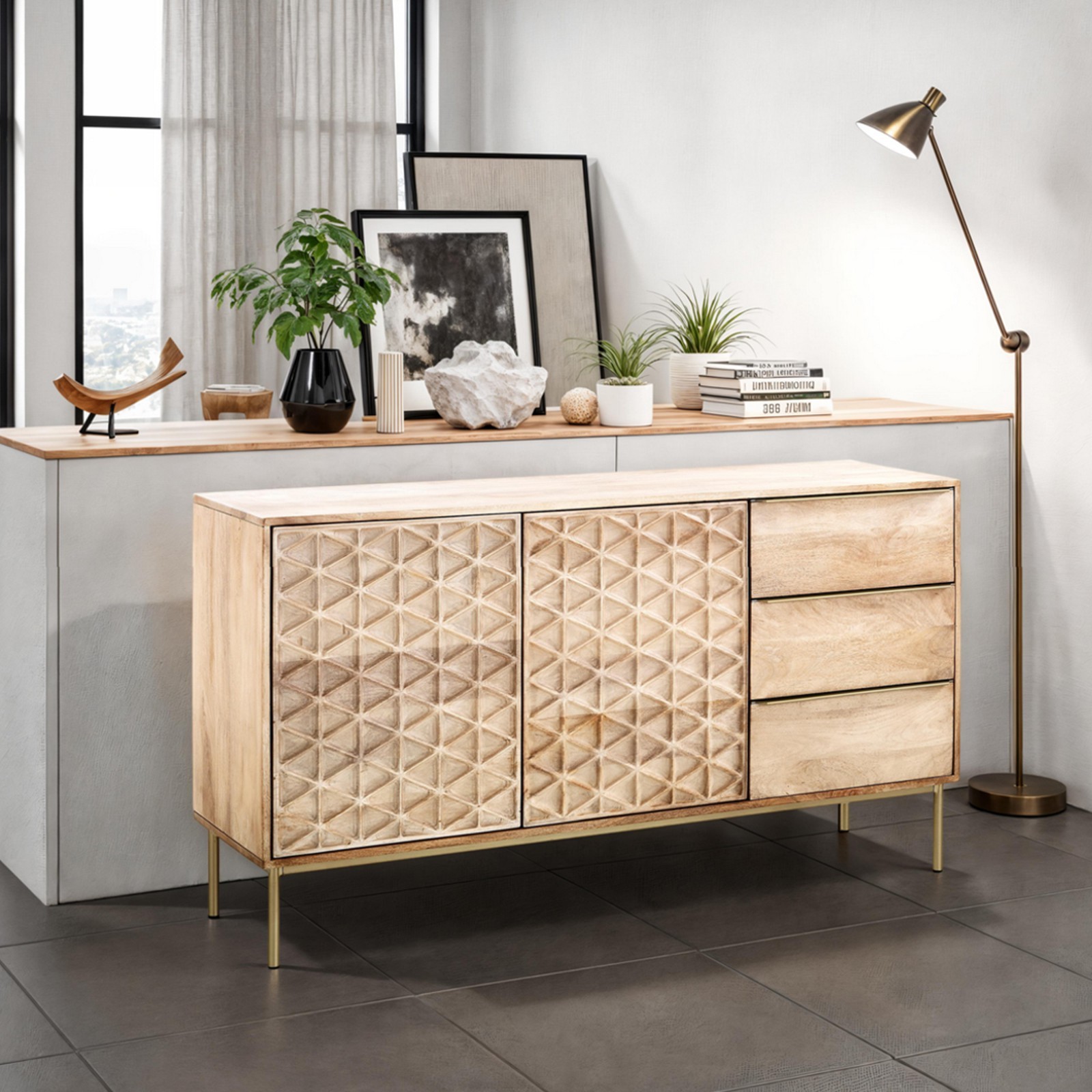 Madia 2 ante 3 cassetti GIARDO legno massello di Mango prodotto artigianale cm H80 L144 P40