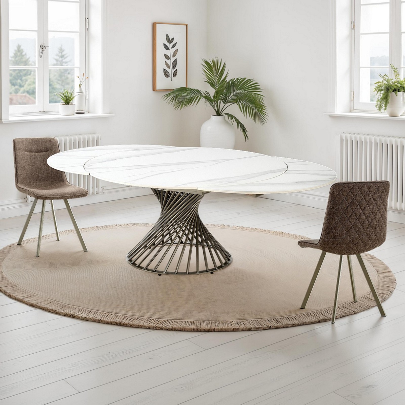 Tavolo allungabile CICLON MARMO BIANCO basamento metallo Platino piano ceramica finitura marmo cm H75 diametro cm 120/180