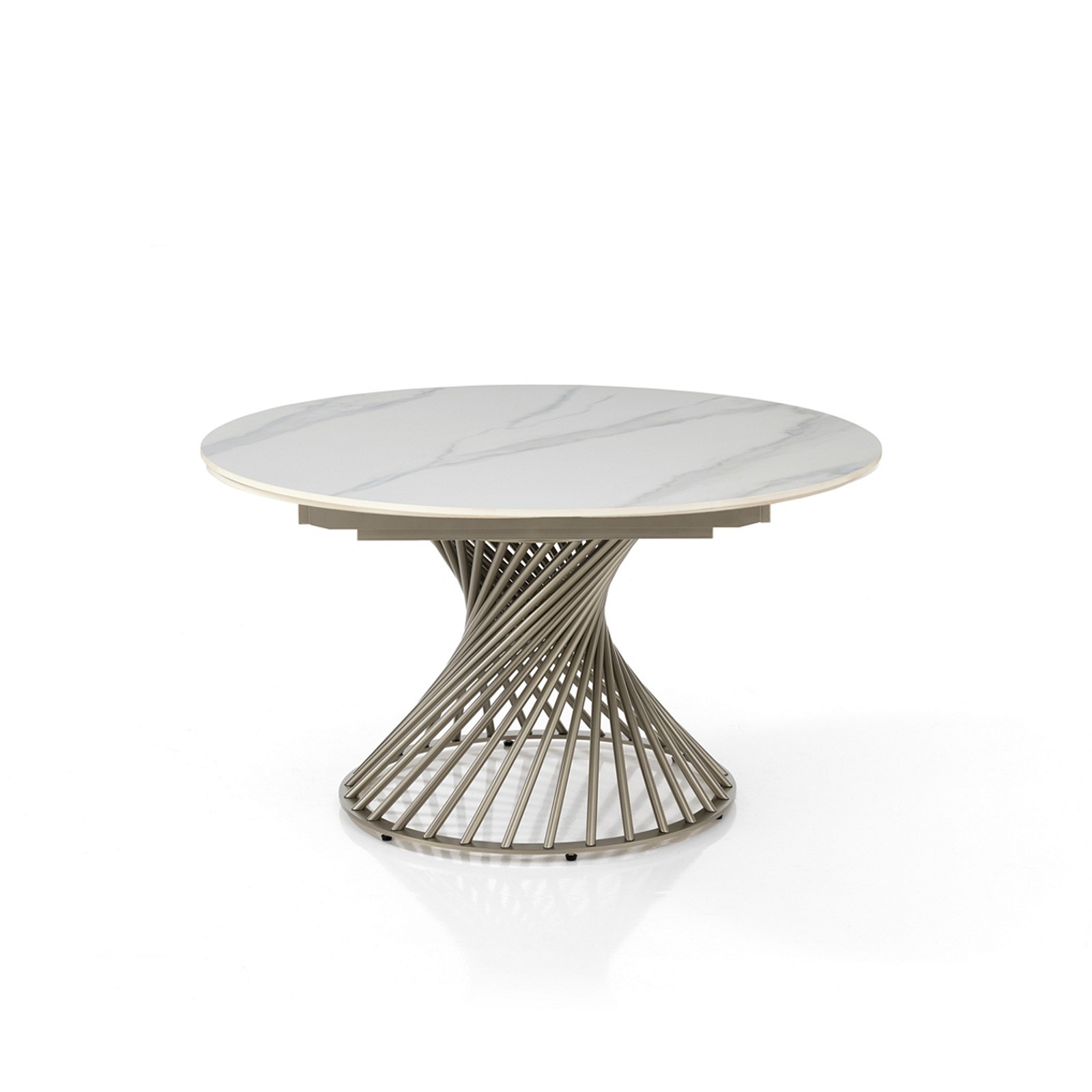 Tavolo allungabile CICLON MARMO BIANCO basamento metallo Platino piano ceramica finitura marmo cm H75 diametro cm 120/180