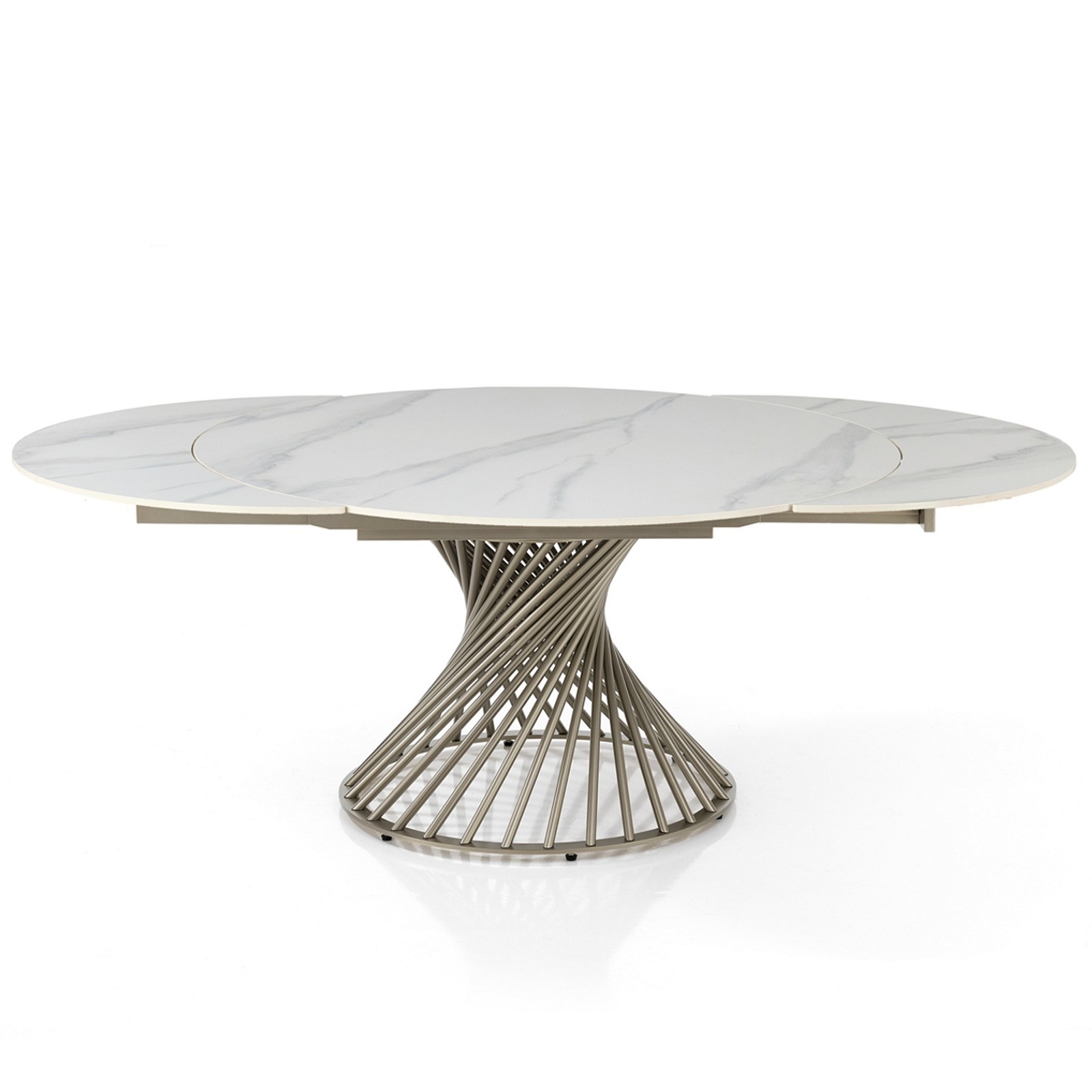 Tavolo allungabile CICLON MARMO BIANCO basamento metallo Platino piano ceramica finitura marmo cm H75 diametro cm 120/180