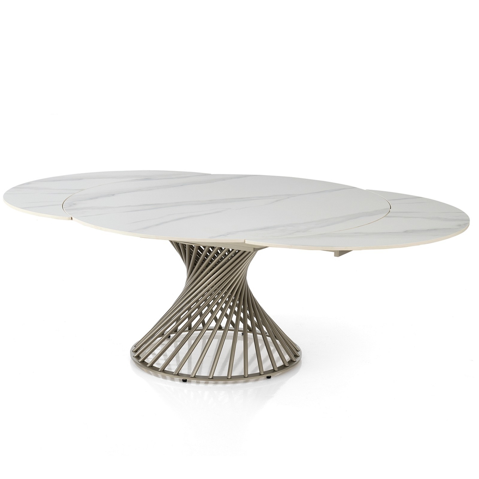 Tavolo allungabile CICLON MARMO BIANCO basamento metallo Platino piano ceramica finitura marmo cm H75 diametro cm 120/180
