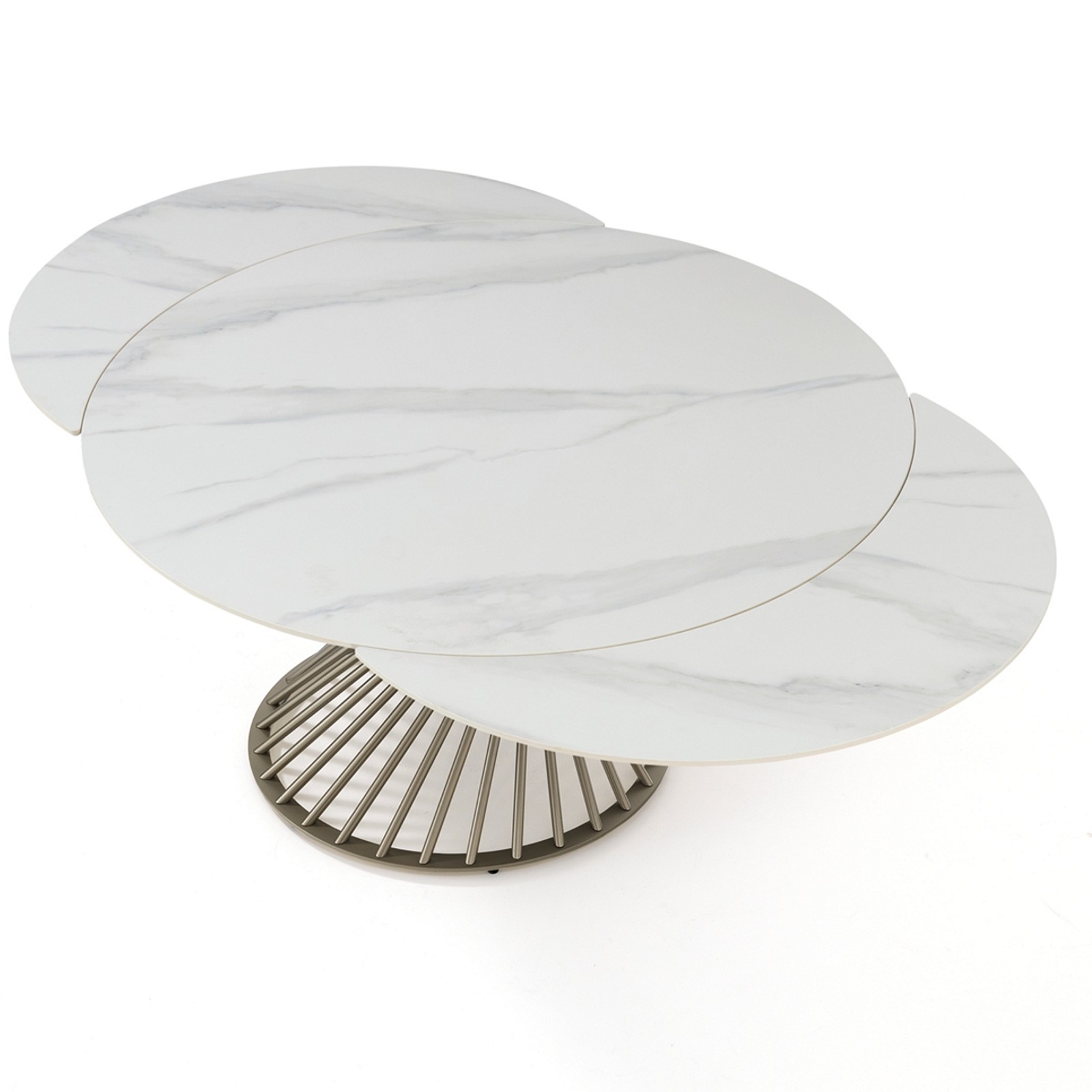 Tavolo allungabile CICLON MARMO BIANCO basamento metallo Platino piano ceramica finitura marmo cm H75 diametro cm 120/180