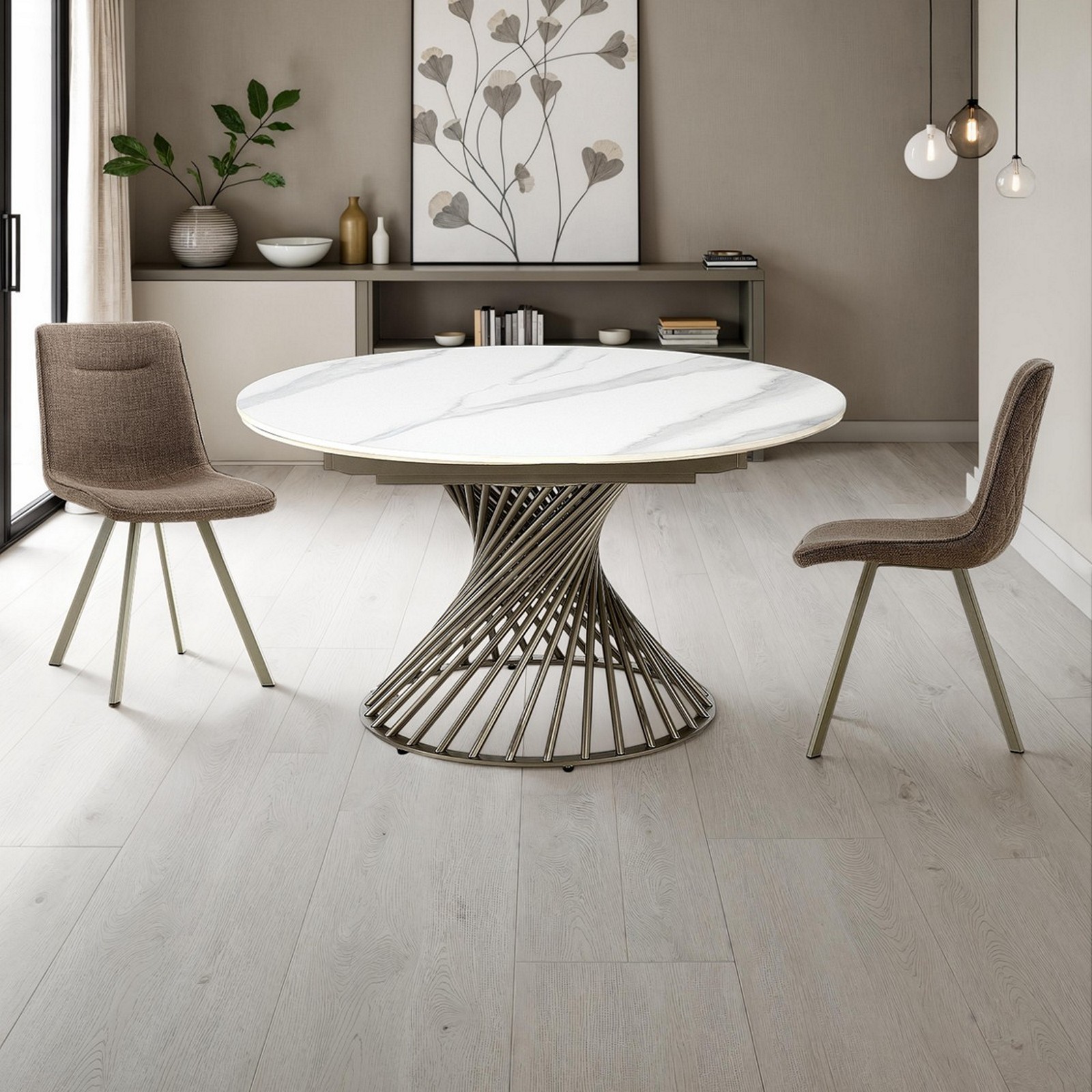 Tavolo allungabile CICLON MARMO BIANCO basamento metallo Platino piano ceramica finitura marmo cm H75 diametro cm 120/180