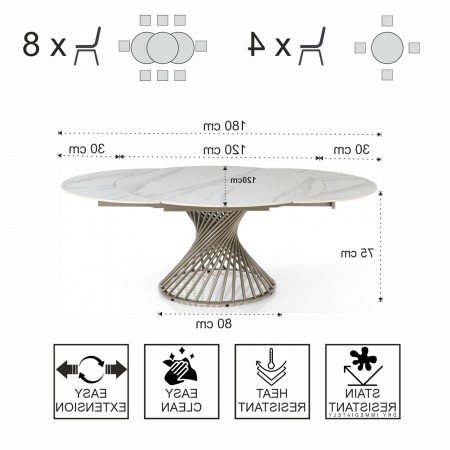 Tavolo allungabile CICLON MARMO BIANCO basamento metallo Platino piano ceramica finitura marmo cm H75 diametro cm 120/180