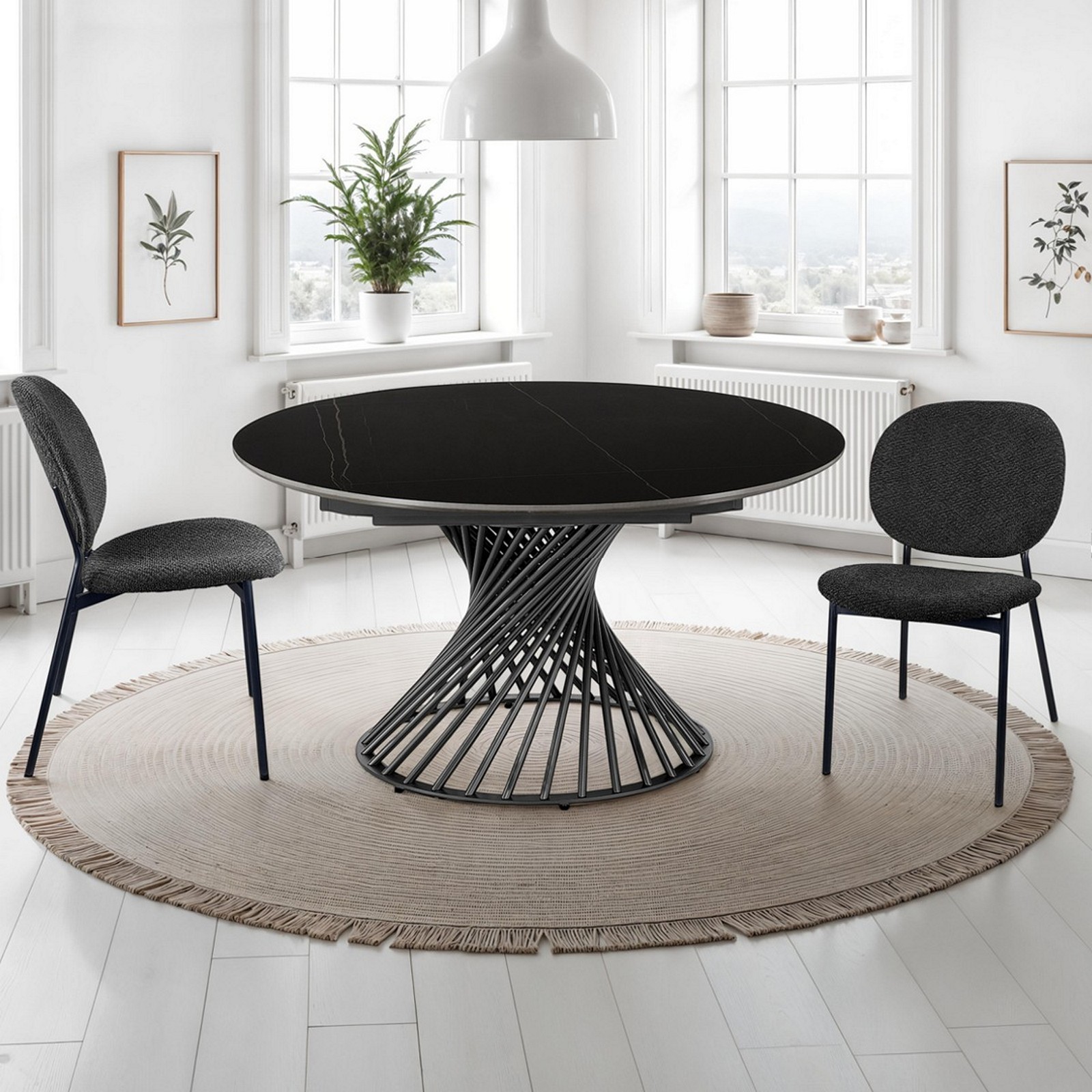 Tavolo allungabile CICLON MARMO NERO  basamento metallo Grigio piano ceramica finitura marmo Nero cm H75 diametro cm 120/180