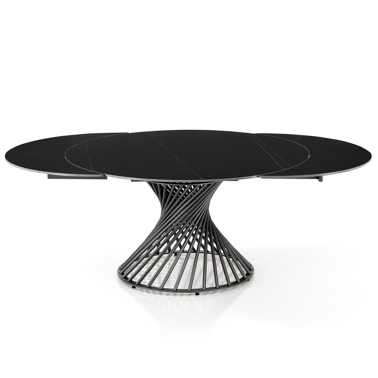Tavolo allungabile CICLON MARMO NERO  basamento metallo Grigio piano ceramica finitura marmo Nero cm H75 diametro cm 120/180