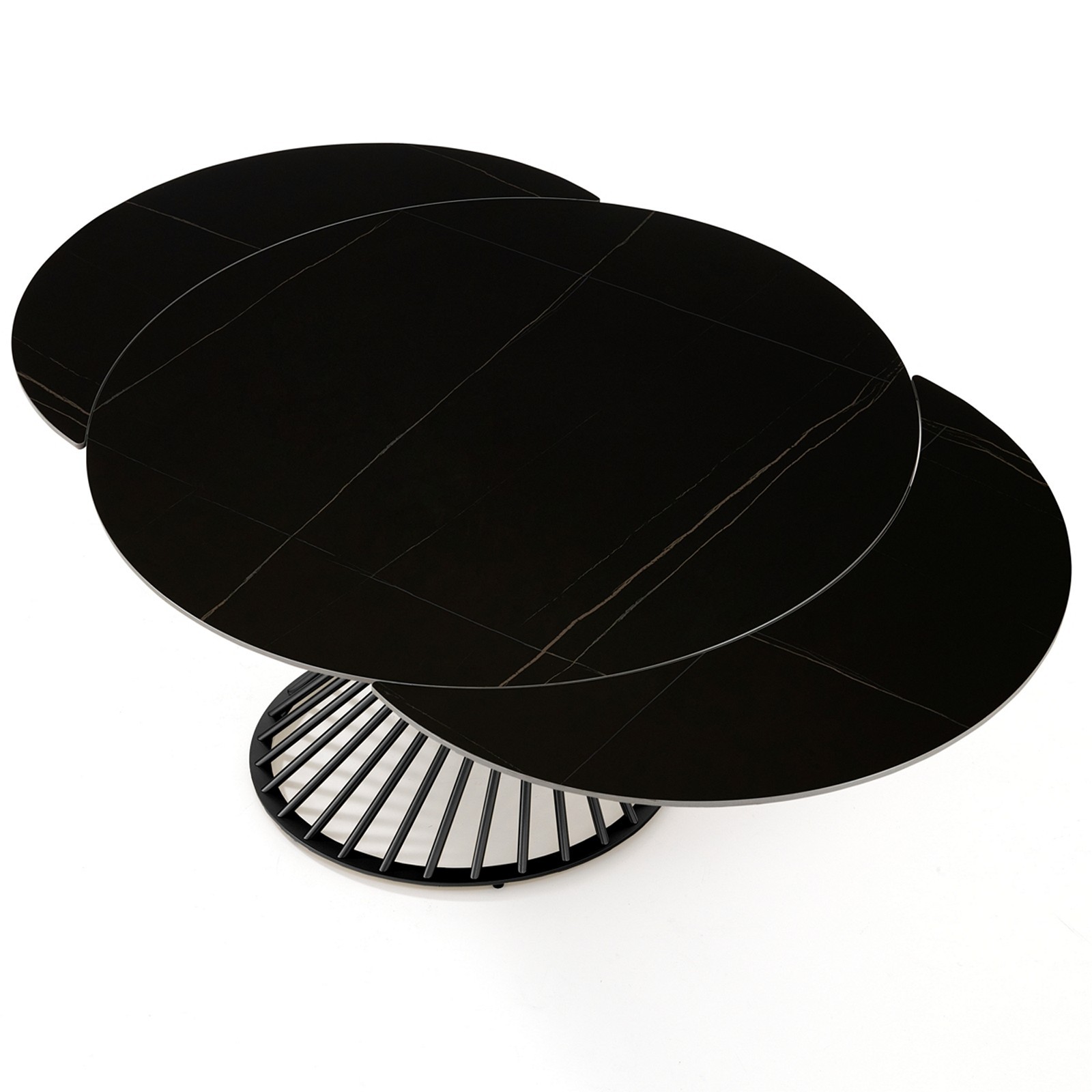 Tavolo allungabile CICLON MARMO NERO  basamento metallo Grigio piano ceramica finitura marmo Nero cm H75 diametro cm 120/180