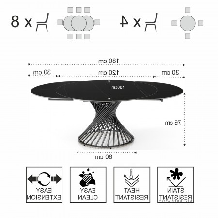 Tavolo allungabile CICLON MARMO NERO  basamento metallo Grigio piano ceramica finitura marmo Nero cm H75 diametro cm 120/180