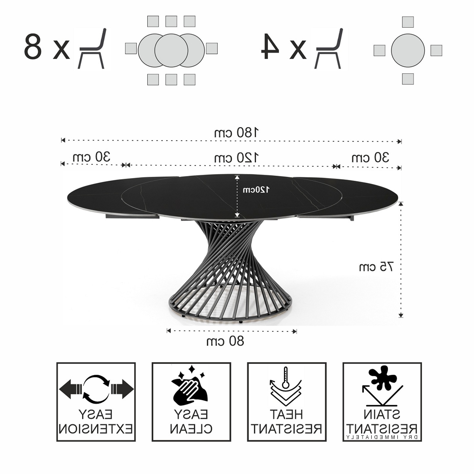 Tavolo allungabile CICLON MARMO NERO  basamento metallo Grigio piano ceramica finitura marmo Nero cm H75 diametro cm 120/180