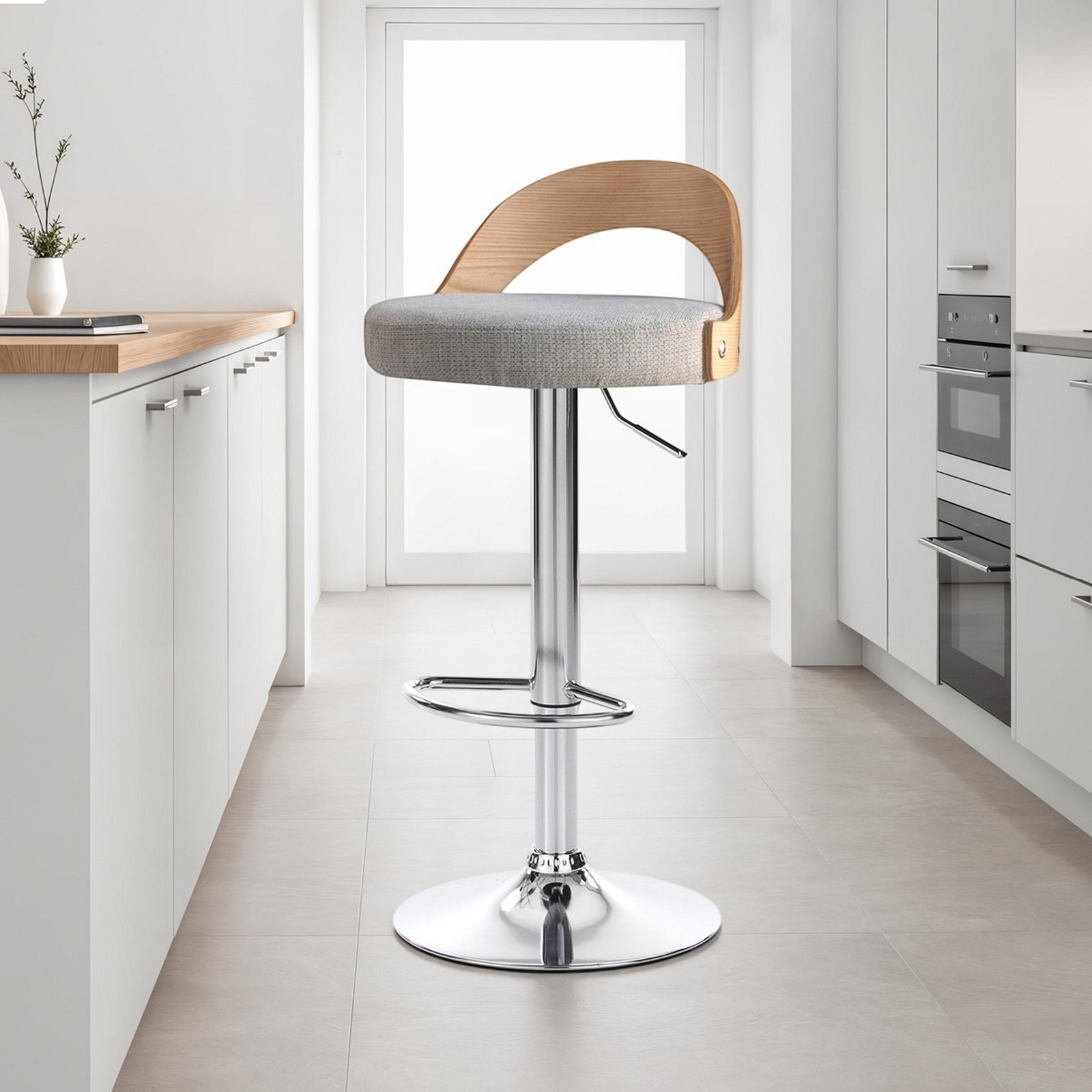 Sgabello ELMO ROVERE GRIGIO legno finitura Rovere tessuto Grigio WATER REPELLENT struttura metallo cromato cm H76/96 L43 P43