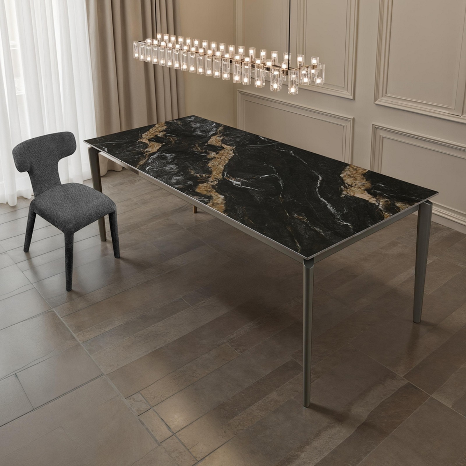 Tavolo allungabile DEDE CALACATTA NERO basamento metallo  Grigio piano ceramica finitura Marmo Calacatta Nero