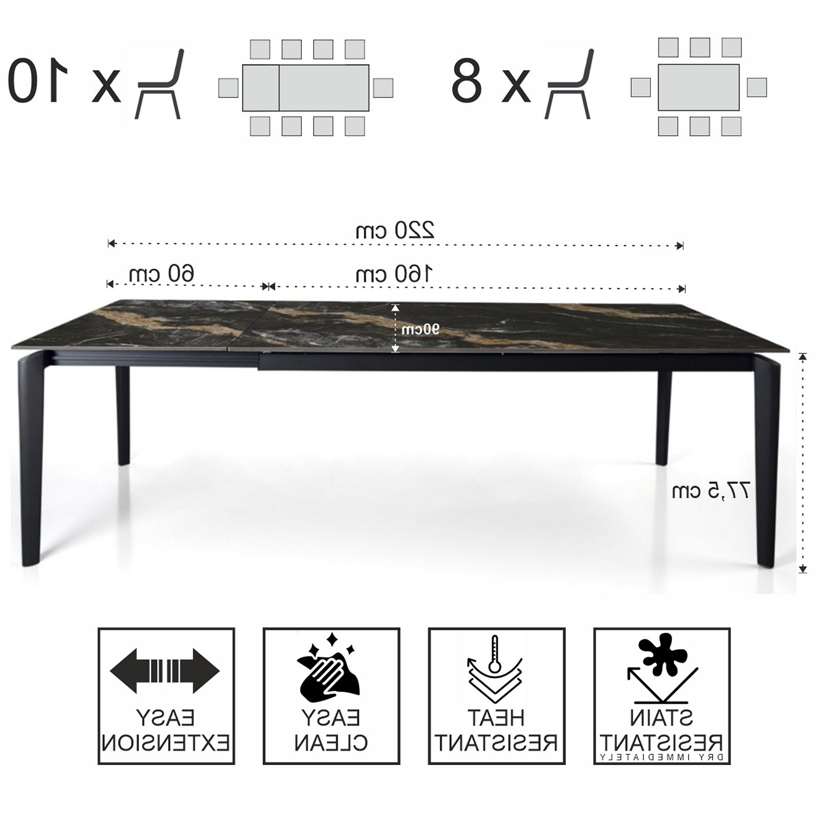 Tavolo allungabile DEDE CALACATTA NERO basamento metallo  Grigio piano ceramica finitura Marmo Calacatta Nero