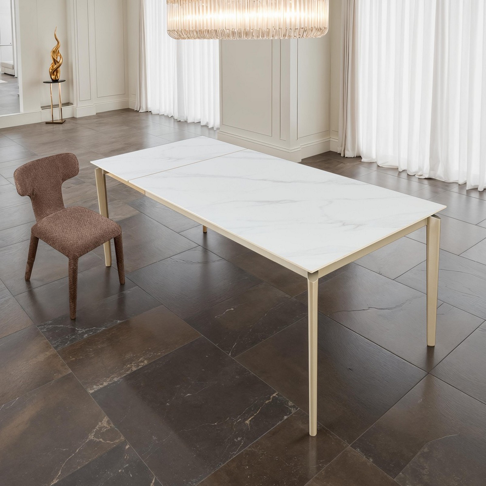 Tavolo allungabile DEDE MARMO BIANCO - PLATINO basamento metallo Platino piano ceramica finitura Marmo Bianco