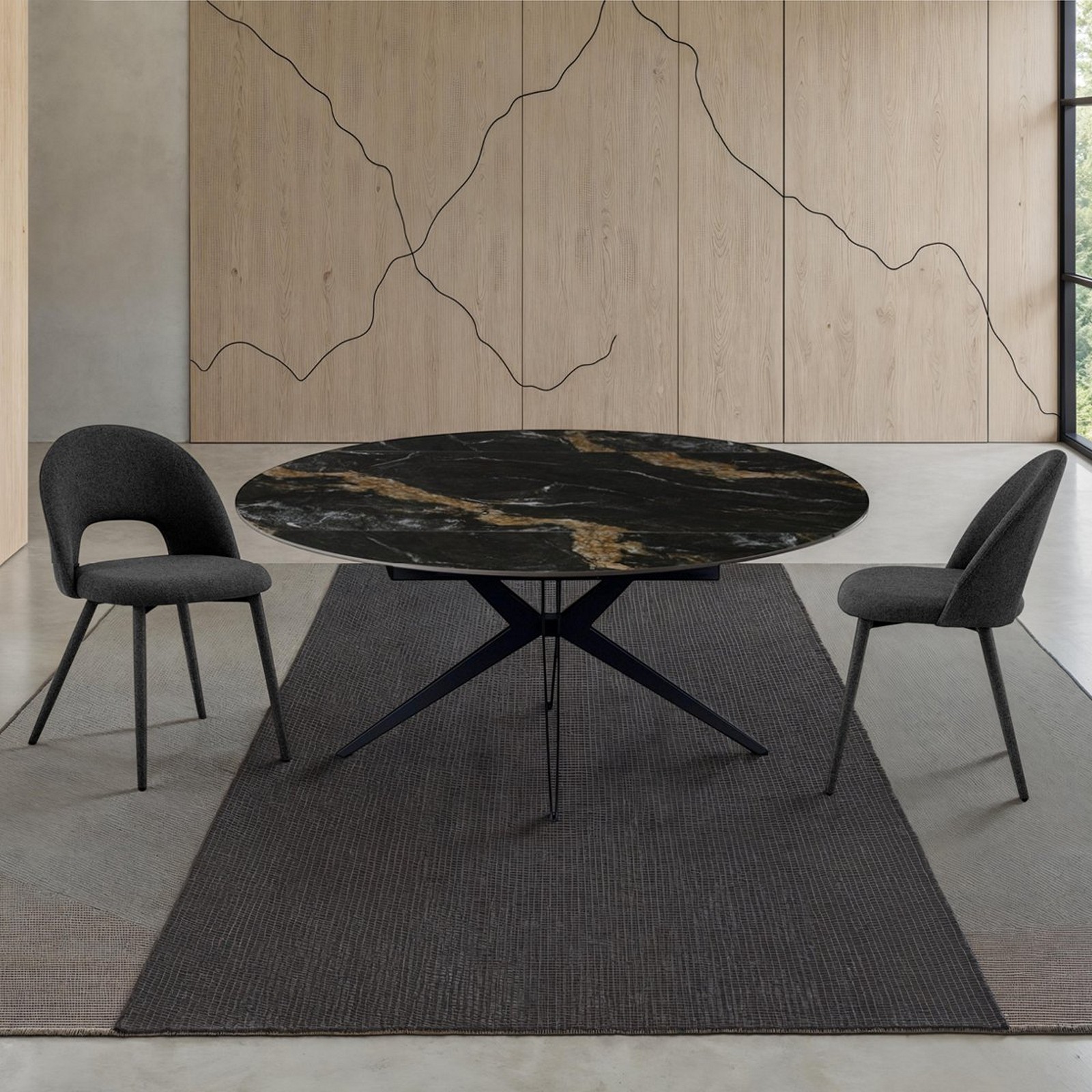 Tavolo allungabile rettangolare-rotondo IDA CALACATTA NERO basamento metallo Grigio piano ceramica finitura marmo Calacatta Nero
